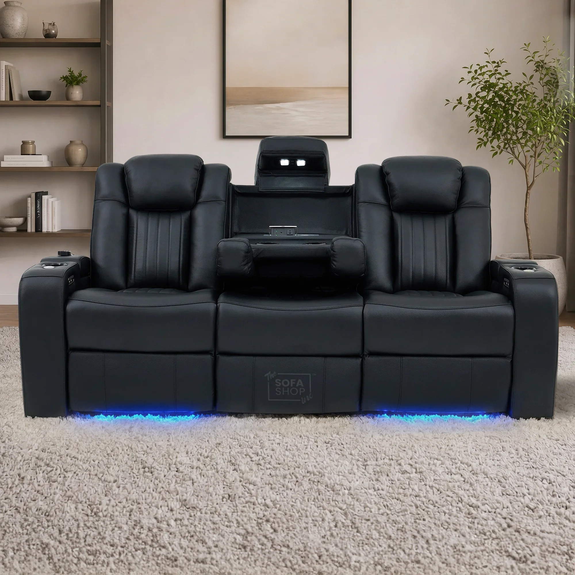 Cinema Sofa in Black Genuine Leather | Hi-Tech Cinema Sofa with Power Recline + Power Headrests + Sockets + Wireless Charging + Vibration Massage | Capri | The Sofa Shop - Image 2