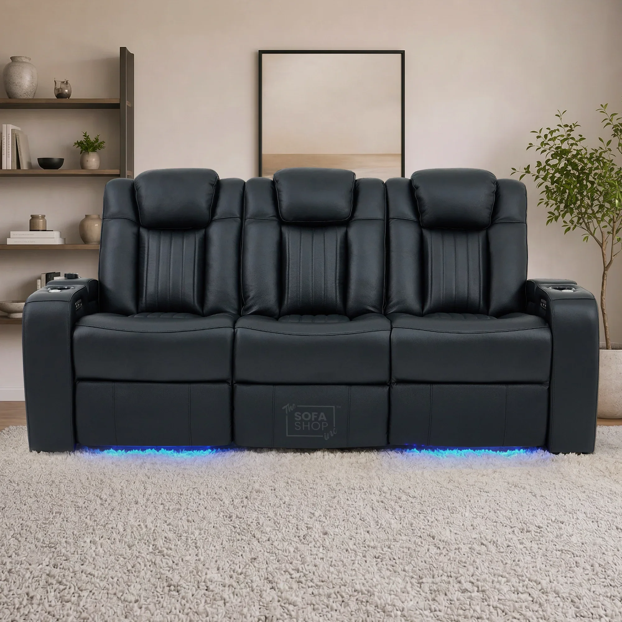 Cinema Sofa in Black Genuine Leather | Hi-Tech Cinema Sofa with Power Recline + Power Headrests + Sockets + Wireless Charging + Vibration Massage | Capri | The Sofa Shop - Image 3
