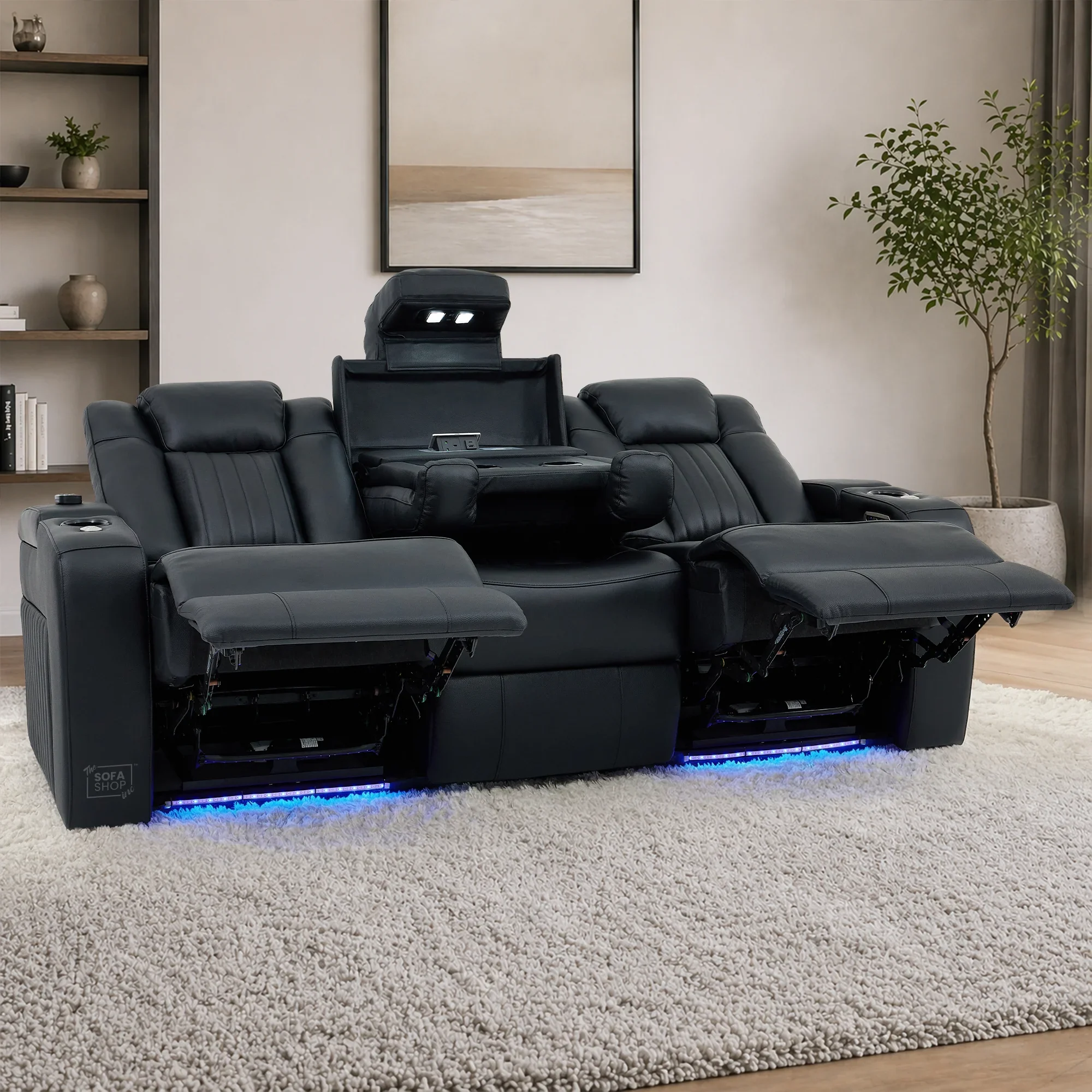 Cinema Sofa in Black Genuine Leather | Hi-Tech Cinema Sofa with Power Recline + Power Headrests + Sockets + Wireless Charging + Vibration Massage | Capri | The Sofa Shop - Image 4