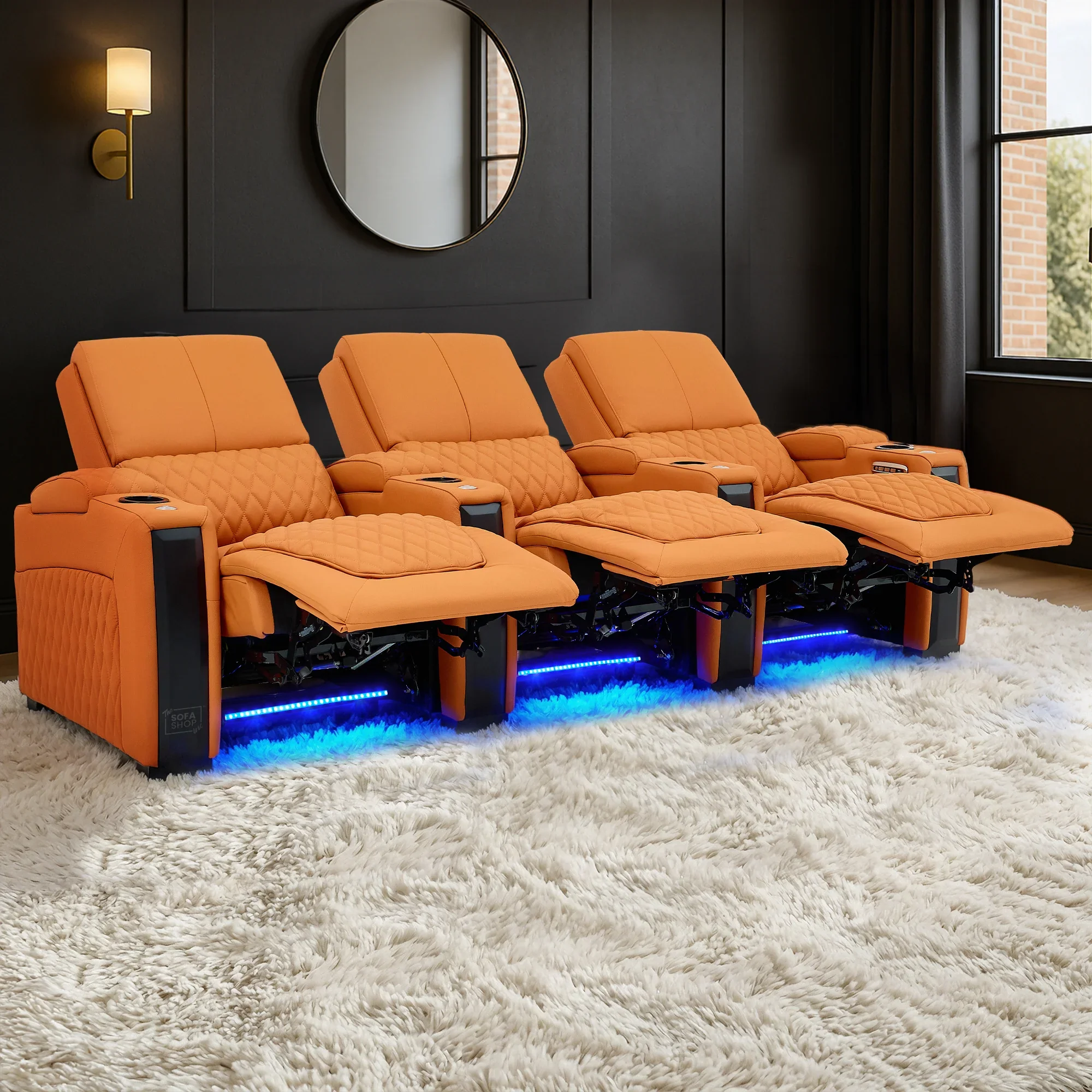 3 Seater Cinema Sofa in Orange Real Leather | Luxury Theatre & Home Cinema Seating | Electric Recliner With 3 Power Recliners, Power Lumbar & Cooling Cup Holders | Assisi | The Sofa Shop - Image 2