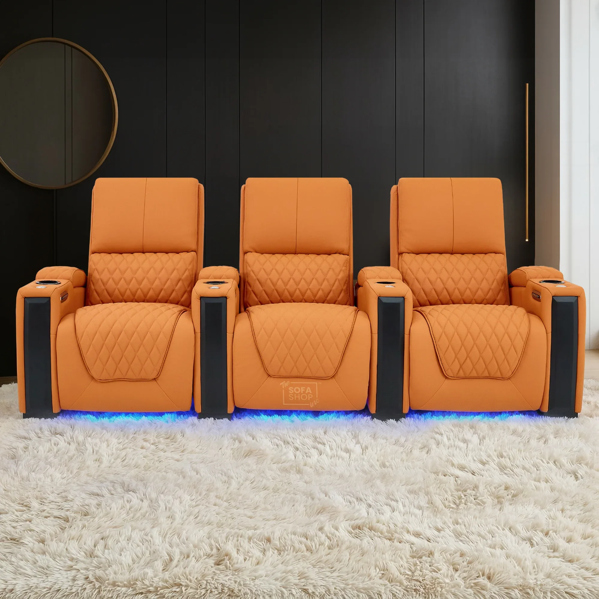 3 Seater Cinema Sofa in Orange Real Leather | Luxury Theatre & Home Cinema Seating | Electric Recliner With 3 Power Recliners, Power Lumbar & Cooling Cup Holders | Assisi | The Sofa Shop - Image 3