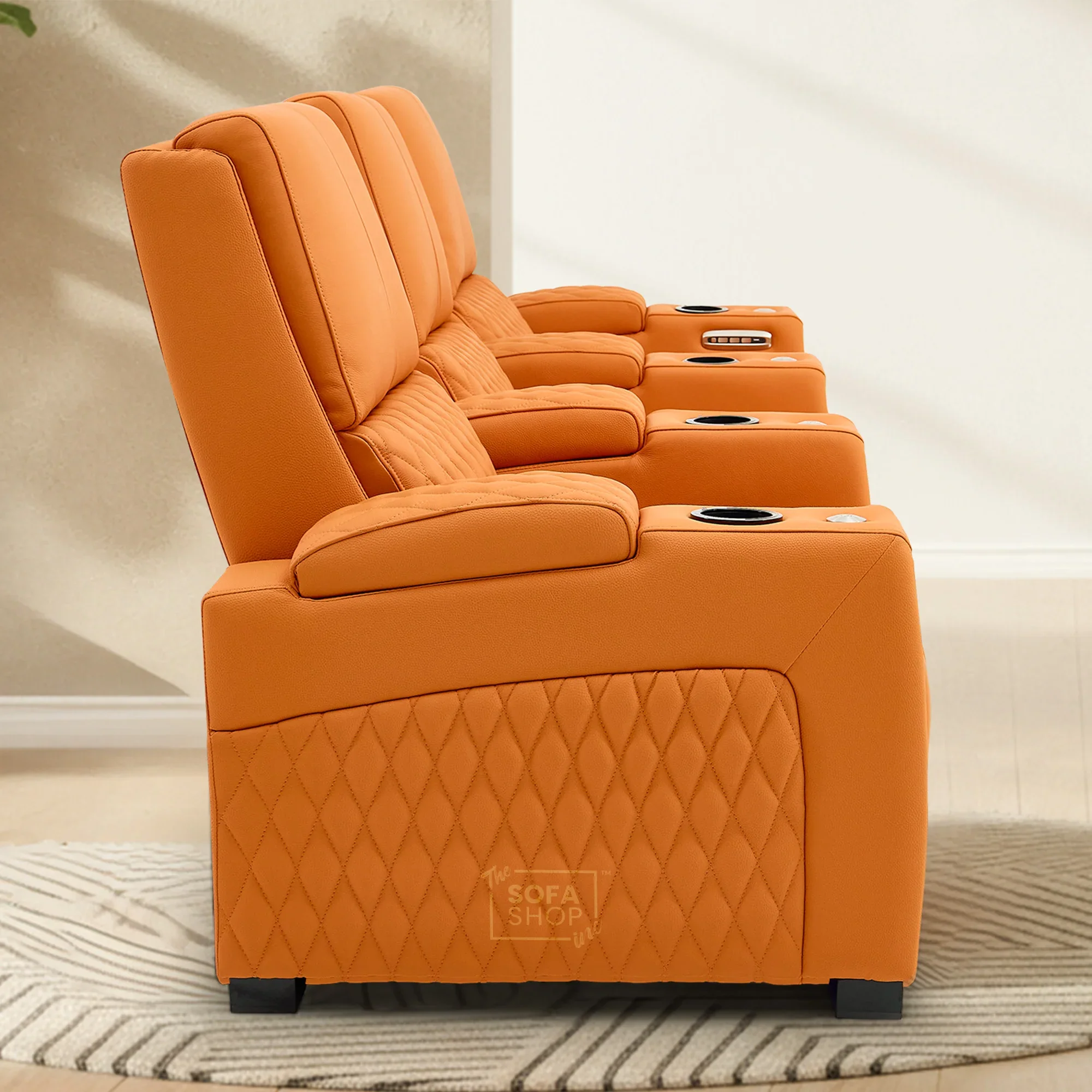 3 Seater Cinema Sofa in Orange Real Leather | Luxury Theatre & Home Cinema Seating | Electric Recliner With 3 Power Recliners, Power Lumbar & Cooling Cup Holders | Assisi | The Sofa Shop - Image 6