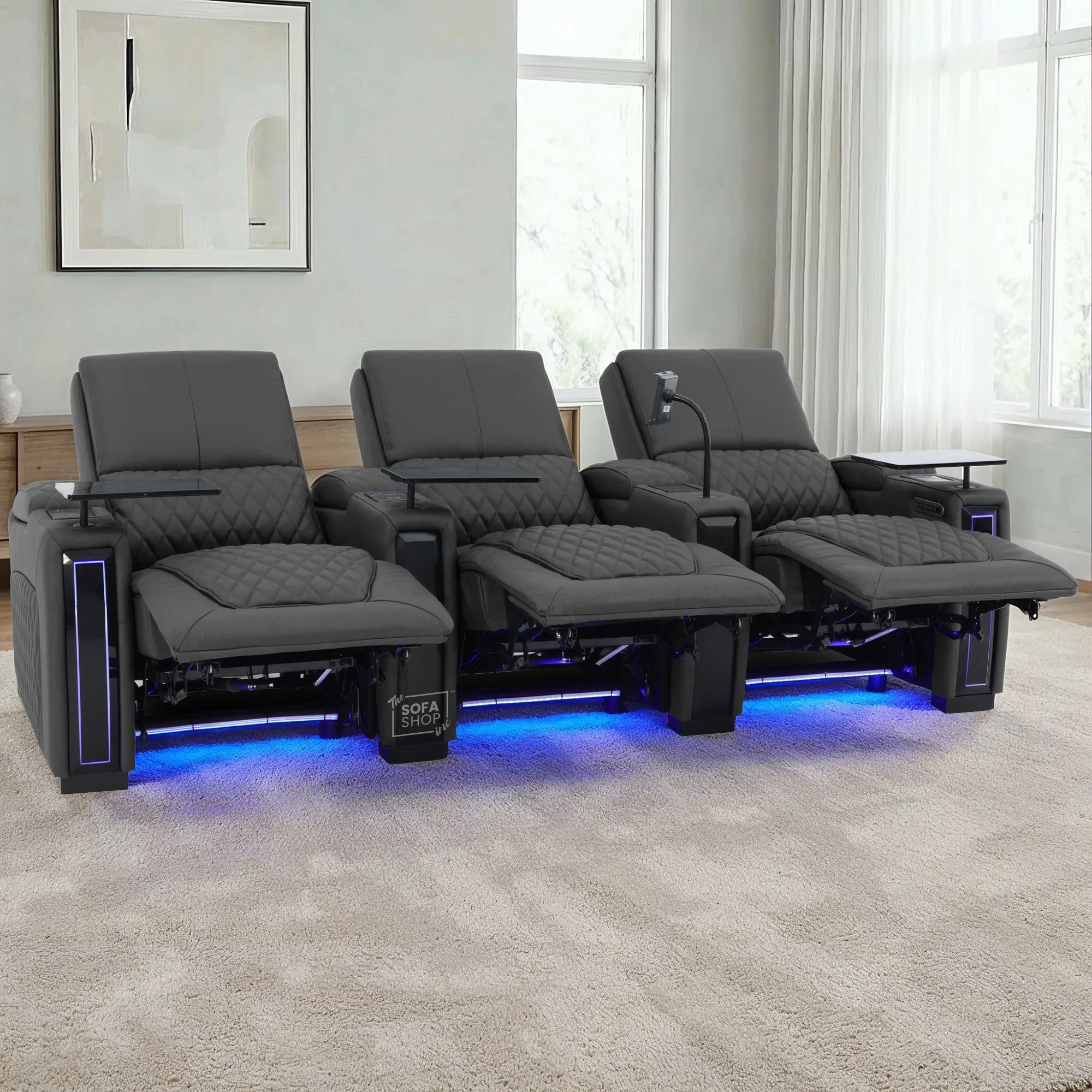 3 Seater Electric Recliner Cinema Sofa in Grey Real Leather | Hi-Tech Cinema Couch with Power Lumbar + Cooling & Heating Cupholders + Wireless Charging + Front Gloss Led + Power Headrests | Assisi | The Sofa Shop - Image 2