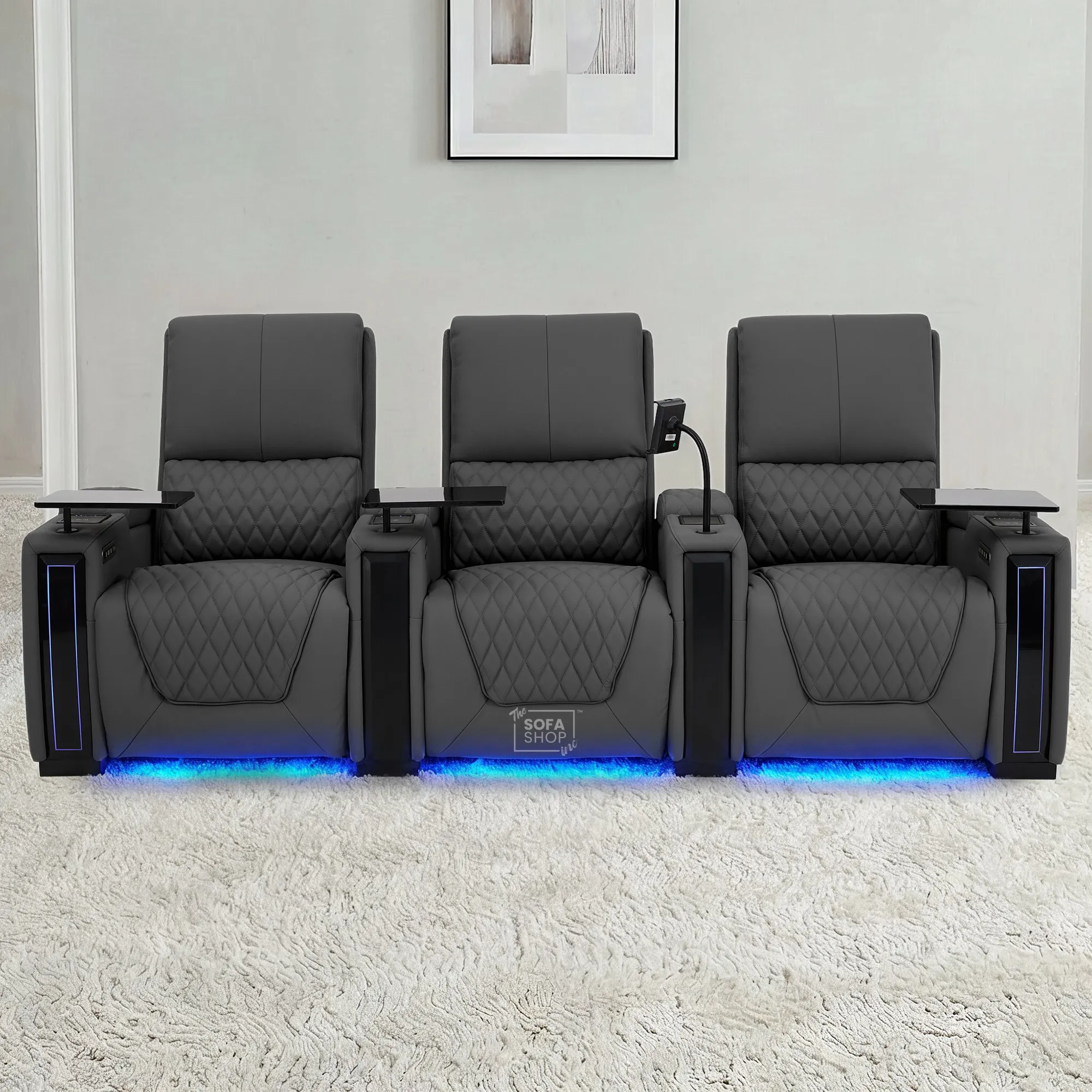 3 Seater Electric Recliner Cinema Sofa in Grey Real Leather | Hi-Tech Cinema Couch with Power Lumbar + Cooling & Heating Cupholders + Wireless Charging + Front Gloss Led + Power Headrests | Assisi | The Sofa Shop - Image 3