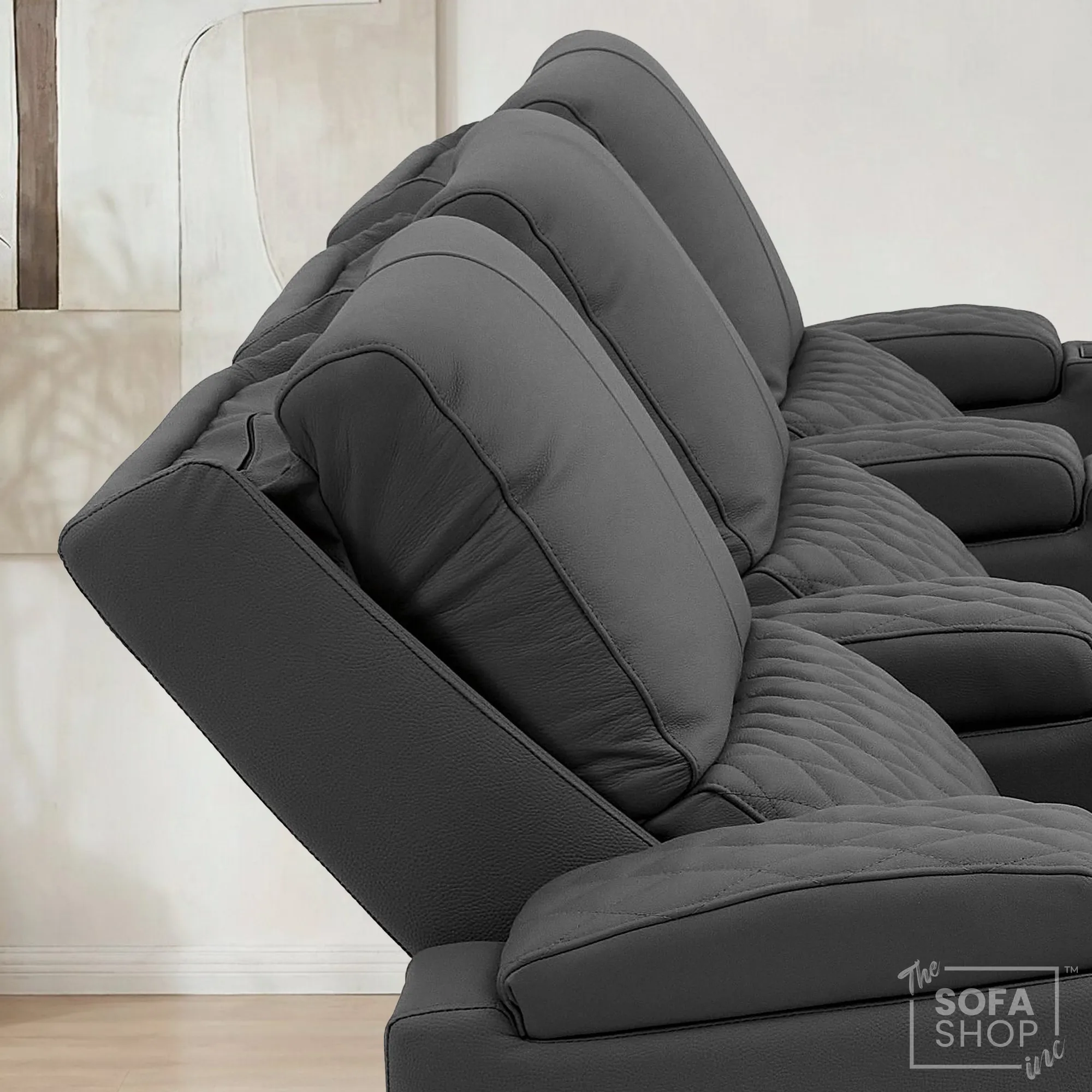 3 Seater Electric Recliner Cinema Sofa in Grey Real Leather | Hi-Tech Cinema Couch with Power Lumbar + Cooling & Heating Cupholders + Wireless Charging + Front Gloss Led + Power Headrests | Assisi | The Sofa Shop - Image 6