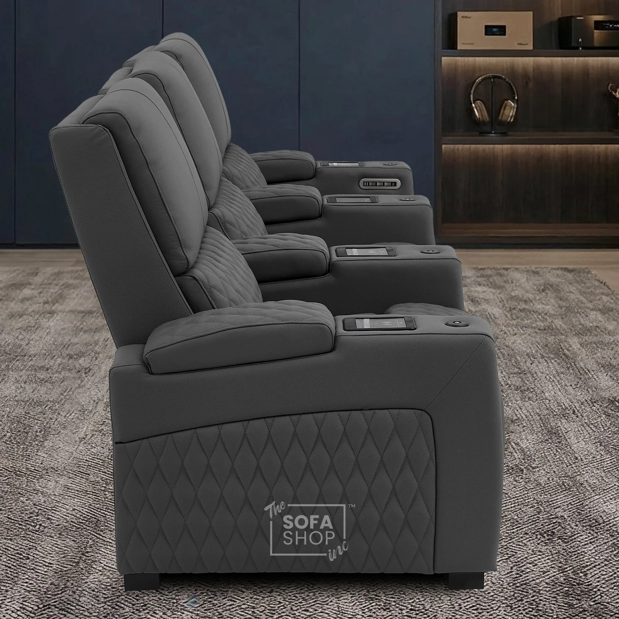 3 Seater Electric Recliner Cinema Sofa in Grey Real Leather | Hi-Tech Cinema Couch with Power Lumbar + Cooling & Heating Cupholders + Wireless Charging + Front Gloss Led + Power Headrests | Assisi | The Sofa Shop - Image 7