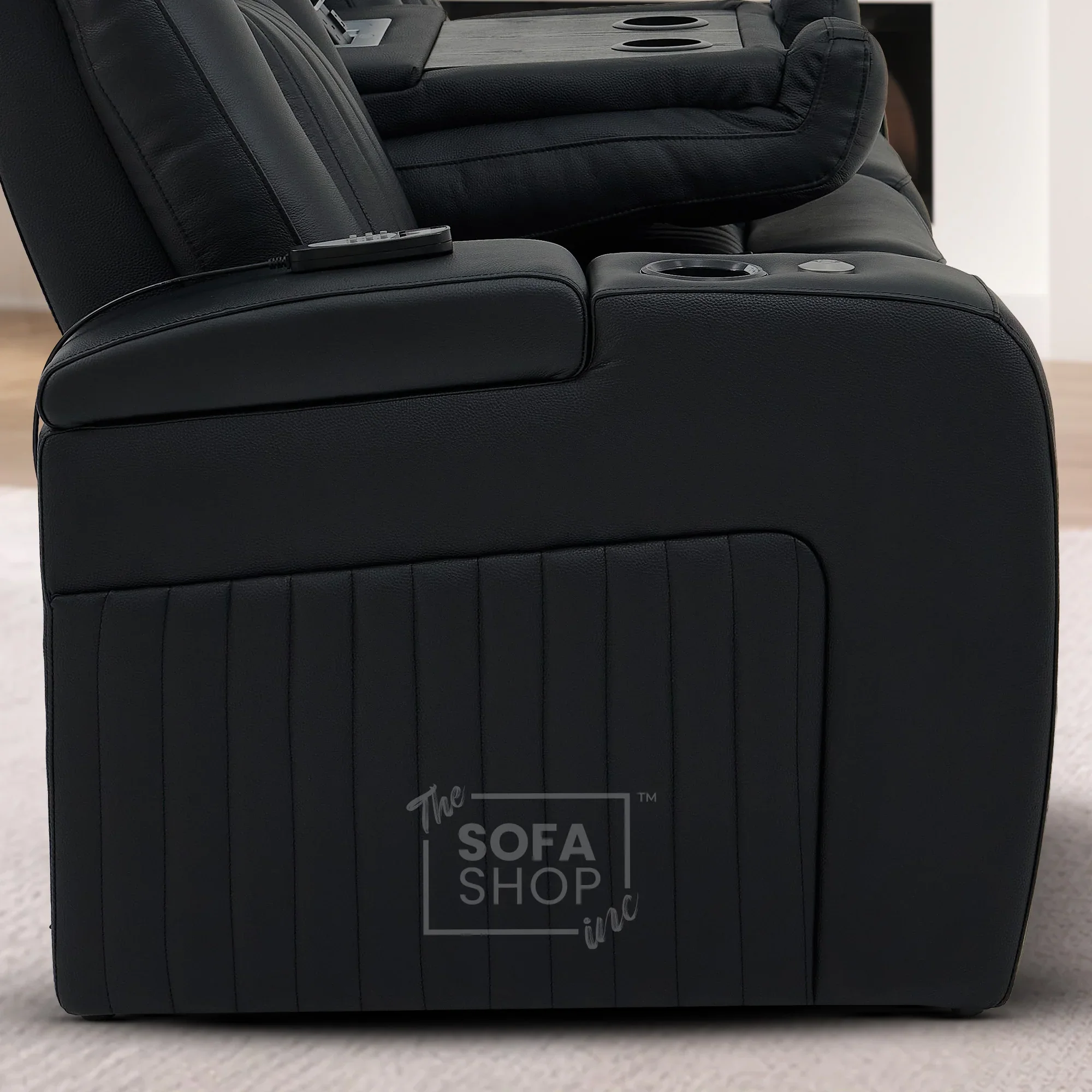 3 Seater Real Leather Cinema Recliner Sofa in Black | Electric Couch with Massage, Heating, Power Plug Sockets, Cup Holders & Reading Lamps | Capri | Sofa Shop - Image 14