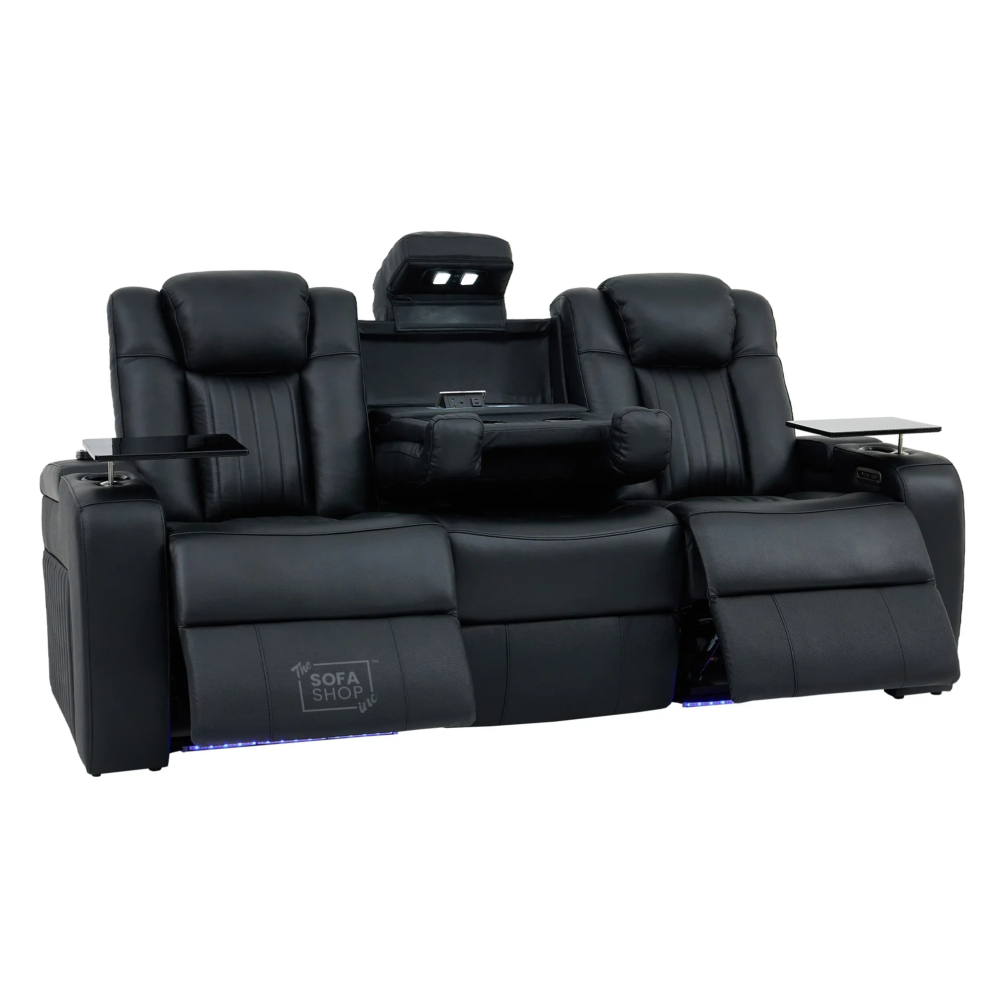 3 Seater Real Leather Cinema Recliner Sofa in Black | Electric Couch with Massage, Heating, Power Plug Sockets, Cup Holders & Reading Lamps | Capri | Sofa Shop - Image 17