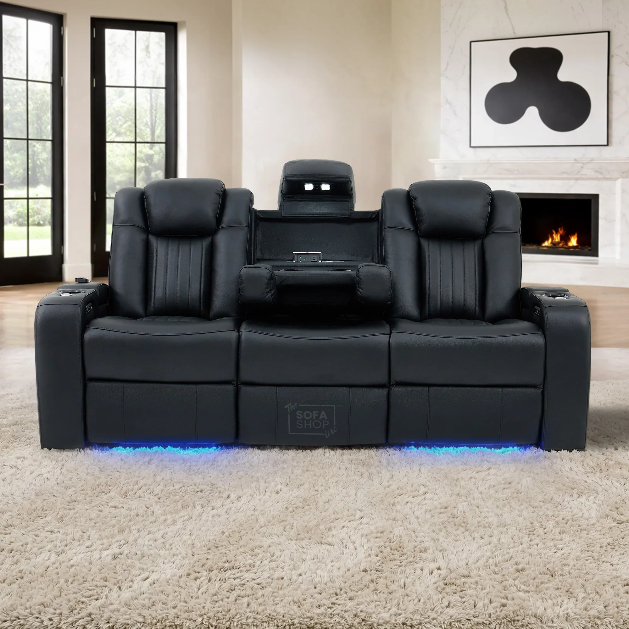 3 Seater Real Leather Cinema Recliner Sofa in Black | Electric Couch with Massage, Heating, Power Plug Sockets, Cup Holders & Reading Lamps | Capri | Sofa Shop - Image 3