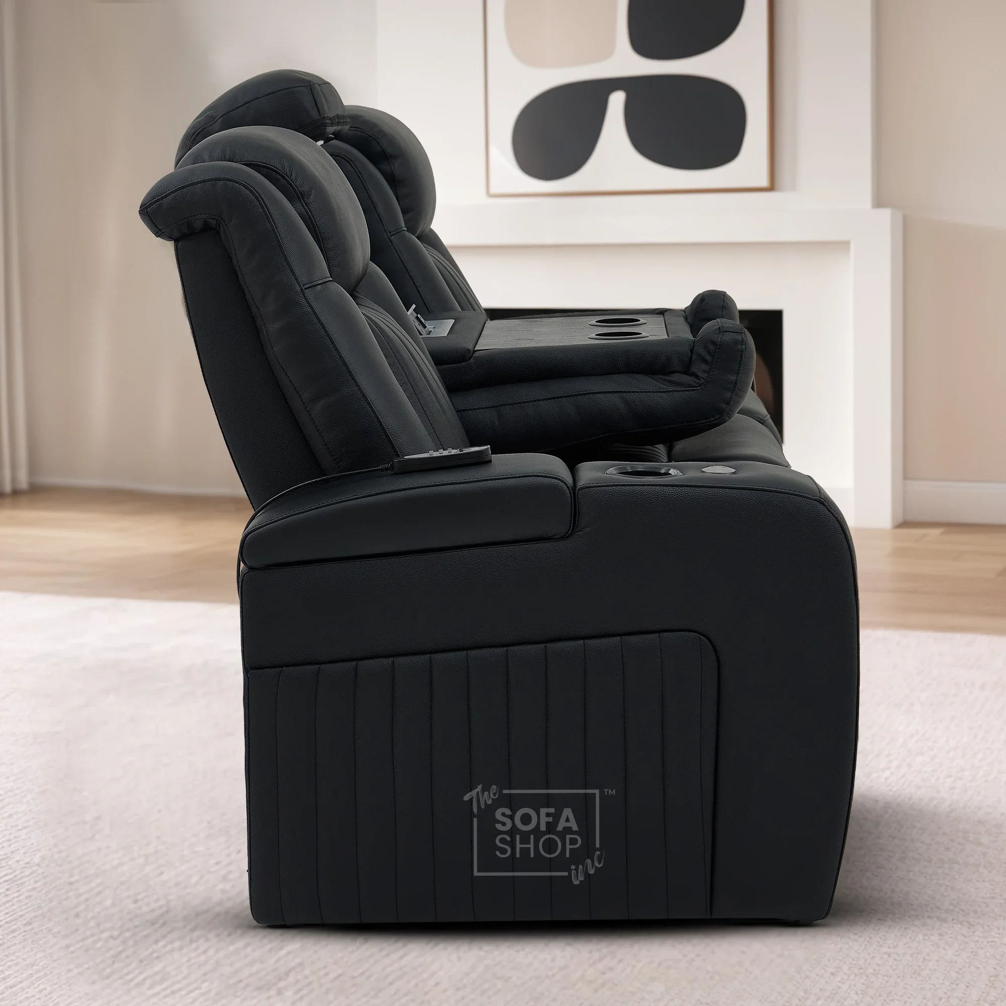 3 Seater Real Leather Cinema Recliner Sofa in Black | Electric Couch with Massage, Heating, Power Plug Sockets, Cup Holders & Reading Lamps | Capri | Sofa Shop - Image 7