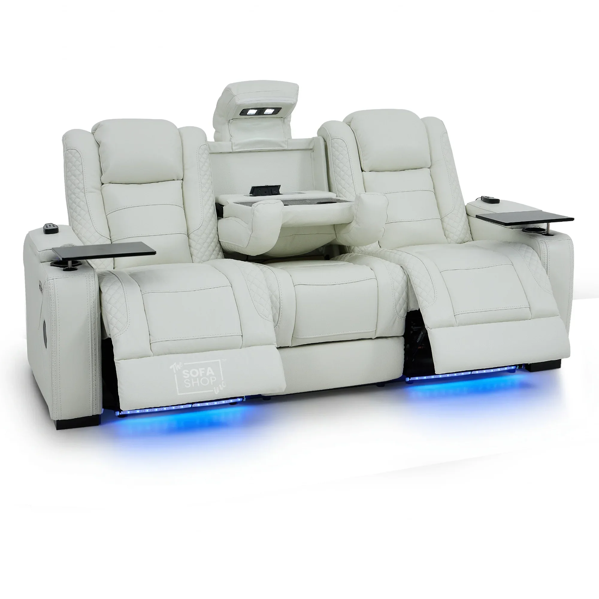 3 Seater Real Leather Electric Recliner Cinema Sofa in White | Massage, Heat, Bluetooth, Fold-Down Table & Cooling Cup Holders | Napoli | The Sofa Shop - Image 24