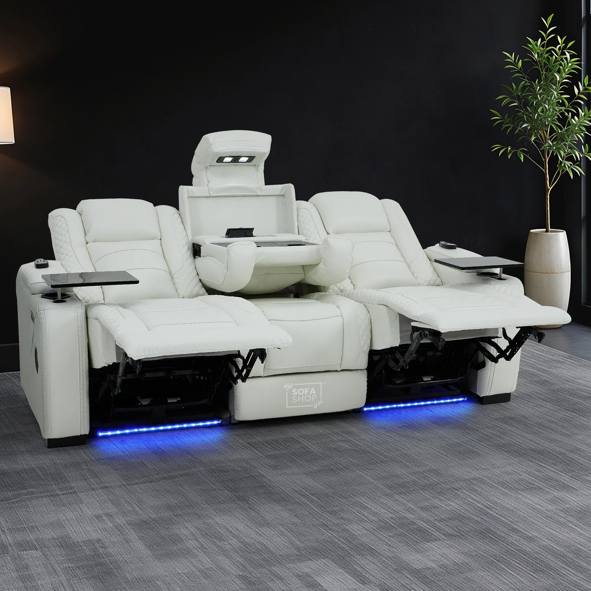 3 Seater Real Leather Electric Recliner Cinema Sofa in White | Massage, Heat, Bluetooth, Fold-Down Table & Cooling Cup Holders | Napoli | The Sofa Shop - Image 4