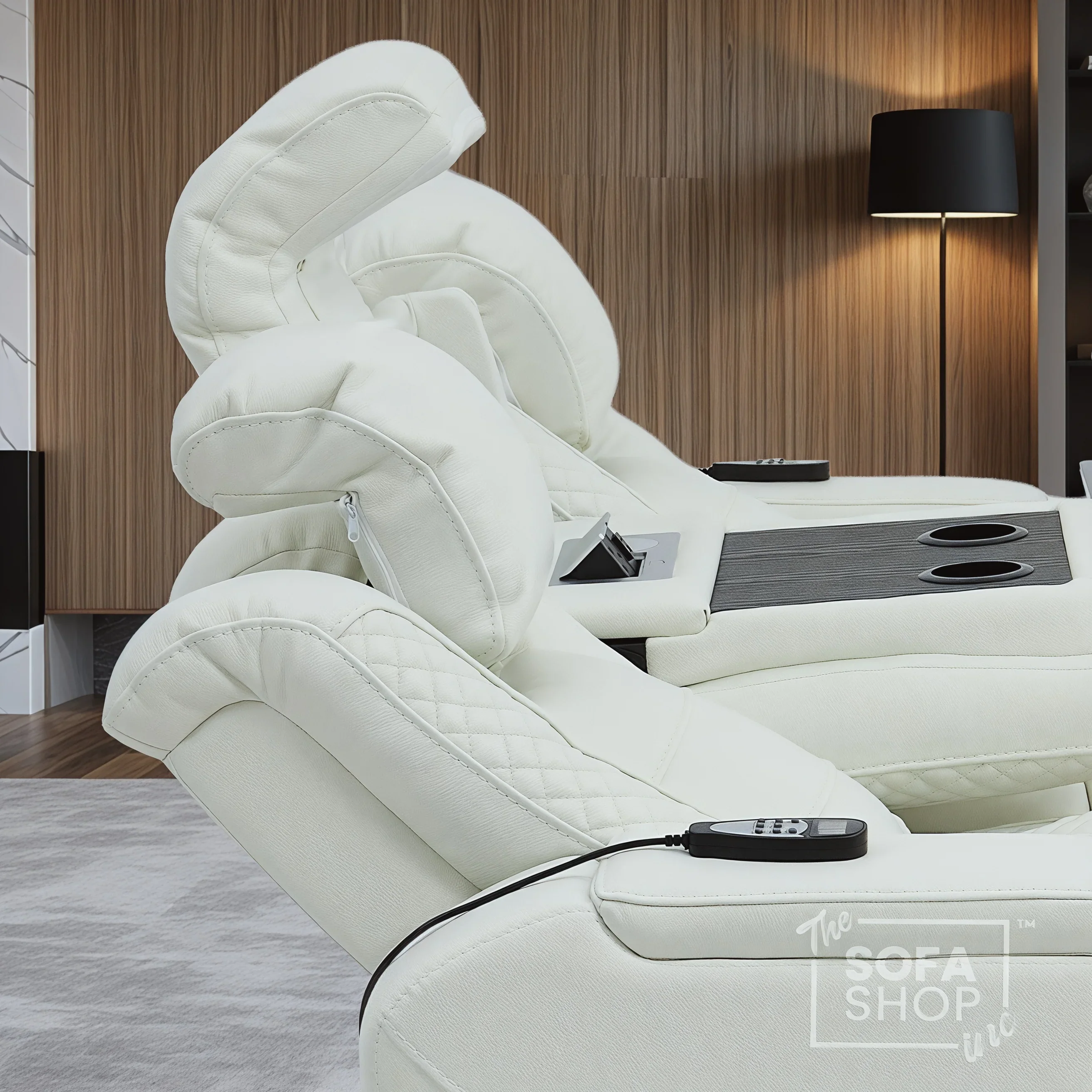 3 Seater Real Leather Electric Recliner Cinema Sofa in White | Massage, Heat, Bluetooth, Fold-Down Table & Cooling Cup Holders | Napoli | The Sofa Shop - Image 6