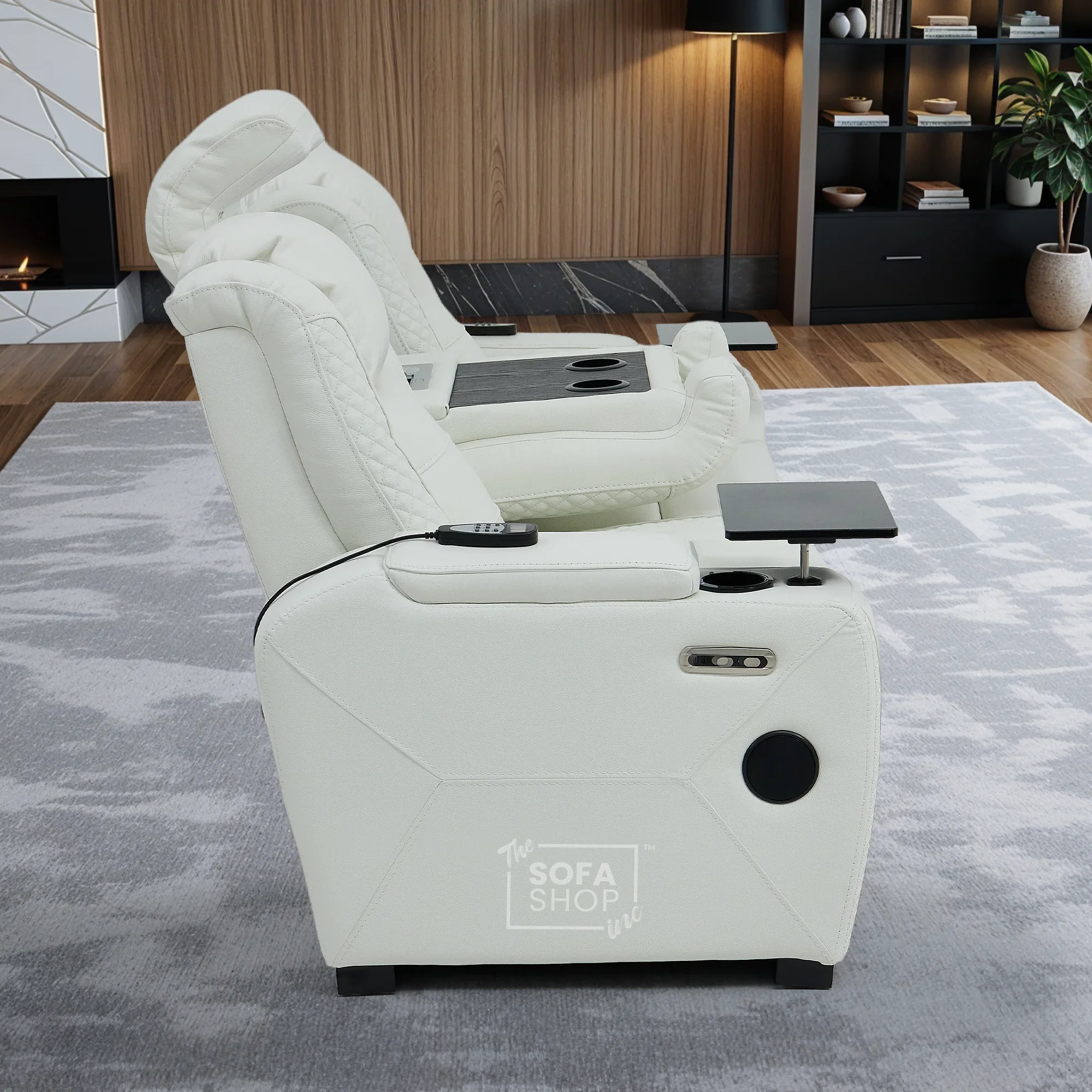 3 Seater Real Leather Electric Recliner Cinema Sofa in White | Massage, Heat, Bluetooth, Fold-Down Table & Cooling Cup Holders | Napoli | The Sofa Shop - Image 8