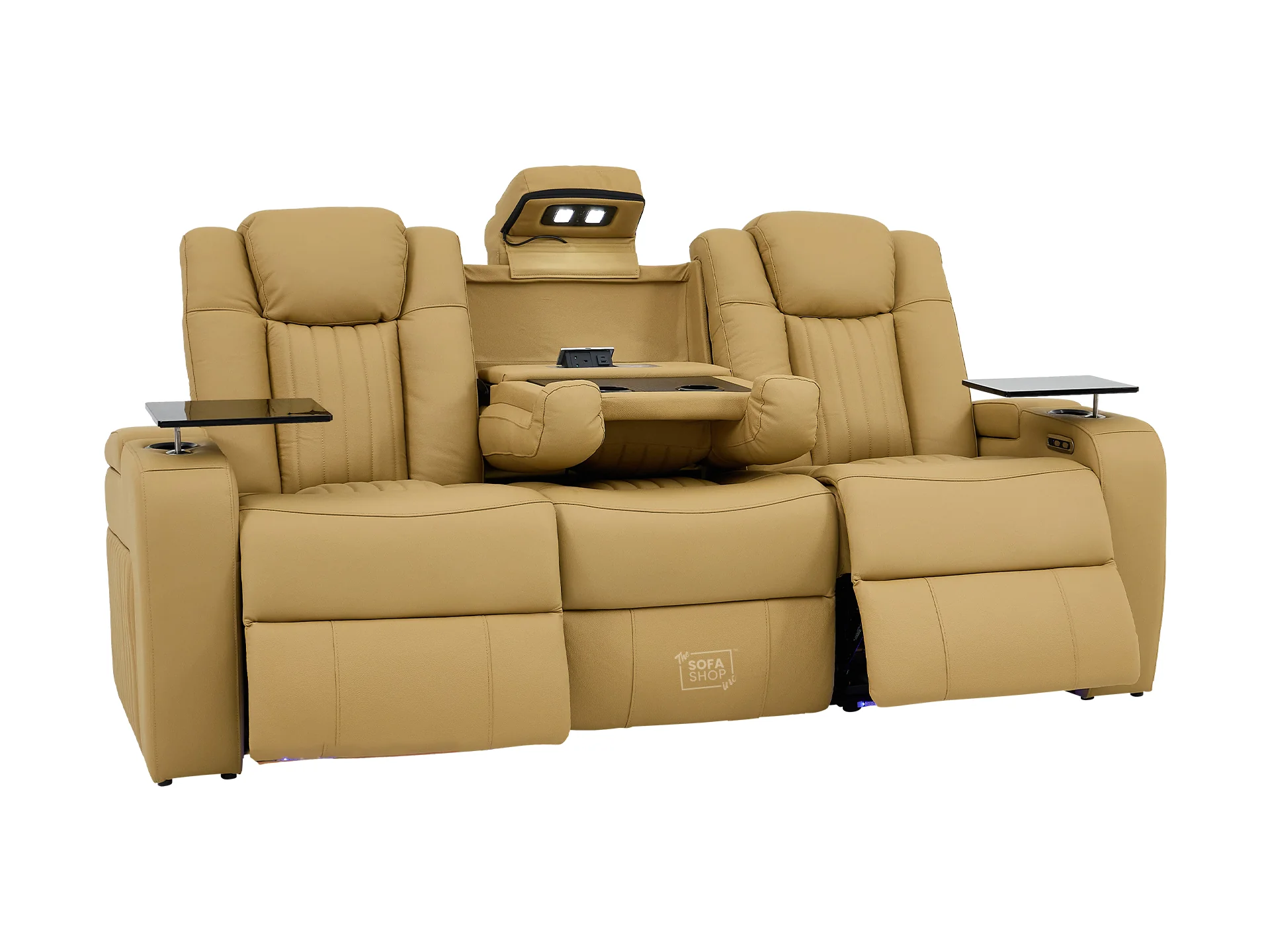 3 Seater Real Leather Power Recliner Sofa in Tan | Cinema Sofa with USB Charging, Cup Holders, Heating, Storage, LED Lights & Massage | Capri | The Sofa Shop - Image 15