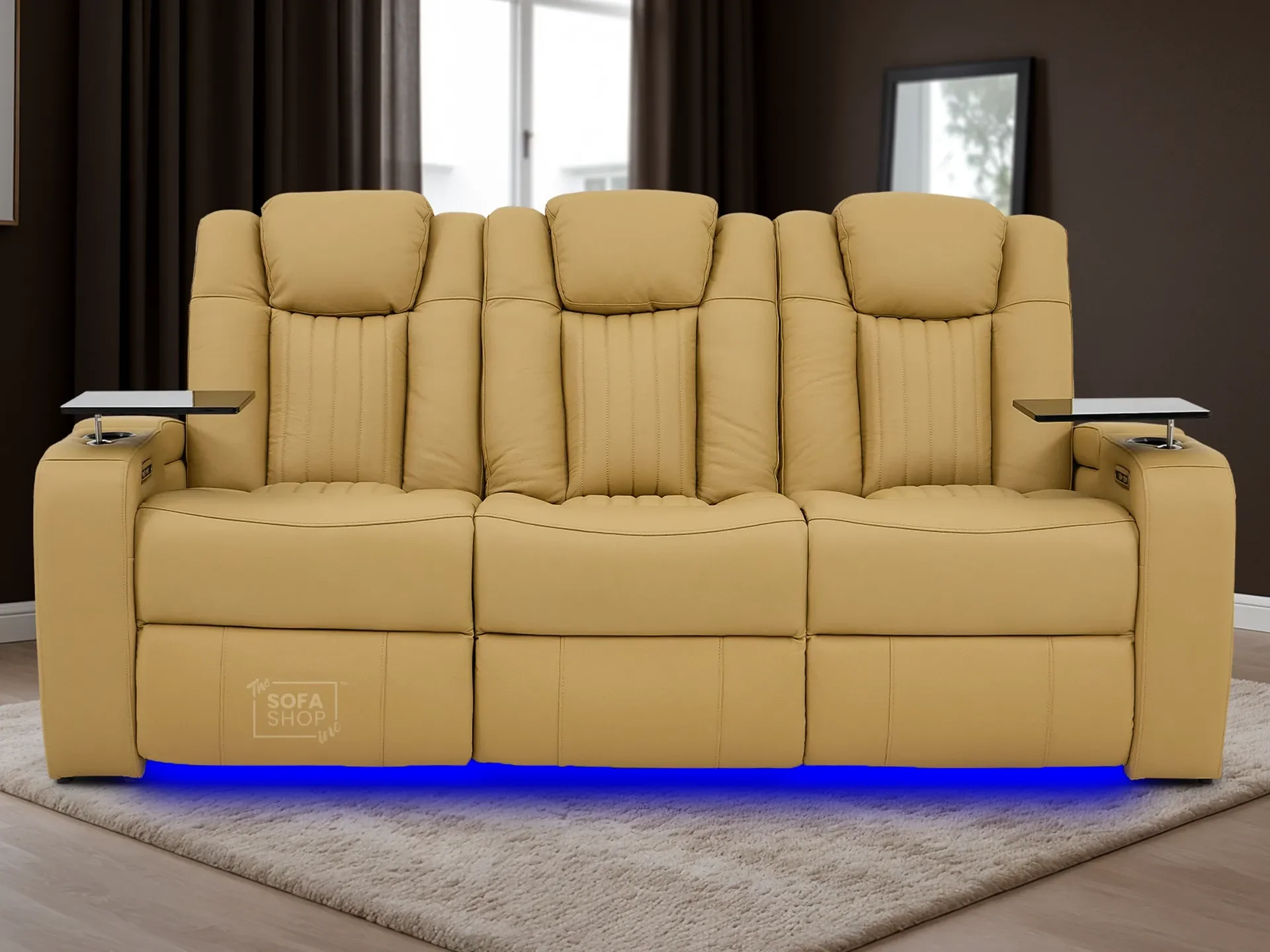 3 Seater Real Leather Power Recliner Sofa in Tan | Cinema Sofa with USB Charging, Cup Holders, Heating, Storage, LED Lights & Massage | Capri | The Sofa Shop - Image 3