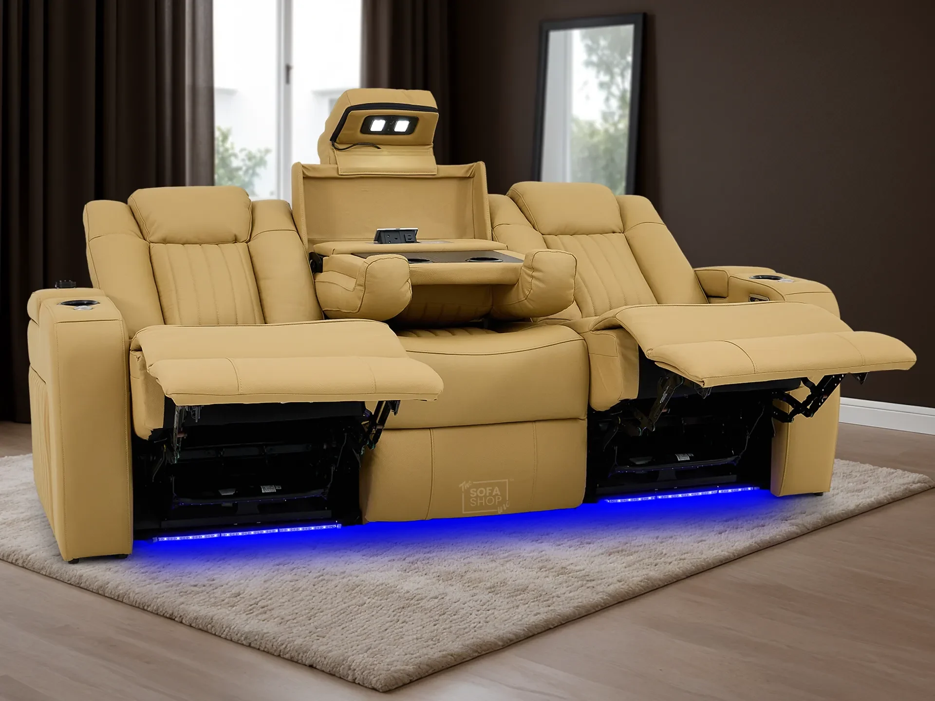 3 Seater Real Leather Power Recliner Sofa in Tan | Cinema Sofa with USB Charging, Cup Holders, Heating, Storage, LED Lights & Massage | Capri | The Sofa Shop - Image 4