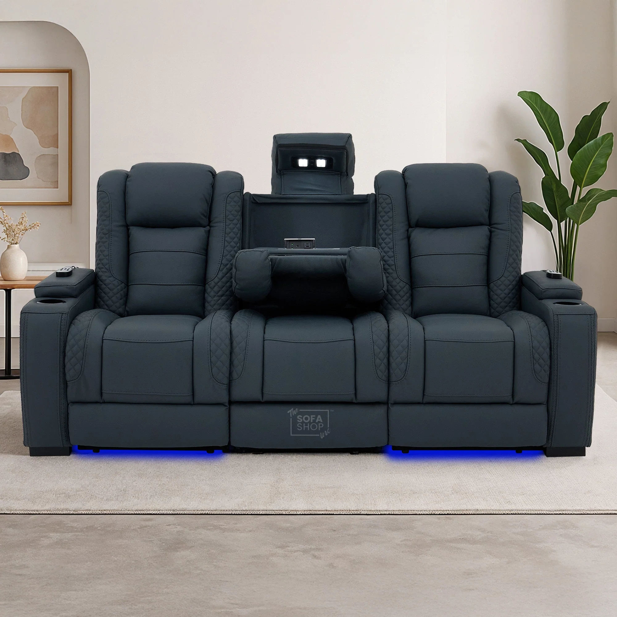 3 Seater Electric Recliner Cinema Sofa in Blue Genuine Leather with Massage, Drop-Down Table, Cup Holders, Power Recliner, USB Ports & Storage Box | Napoli - Image 3