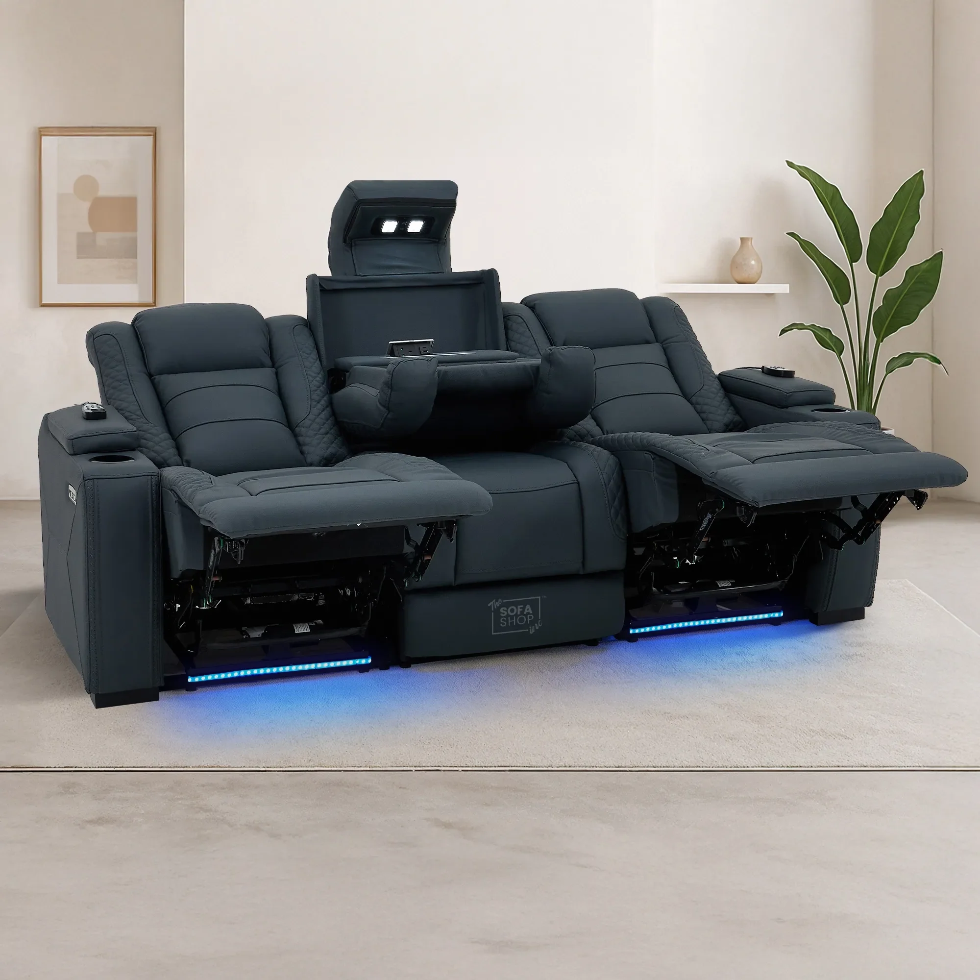 3 Seater Electric Recliner Cinema Sofa in Blue Genuine Leather with Massage, Drop-Down Table, Cup Holders, Power Recliner, USB Ports & Storage Box | Napoli - Image 4