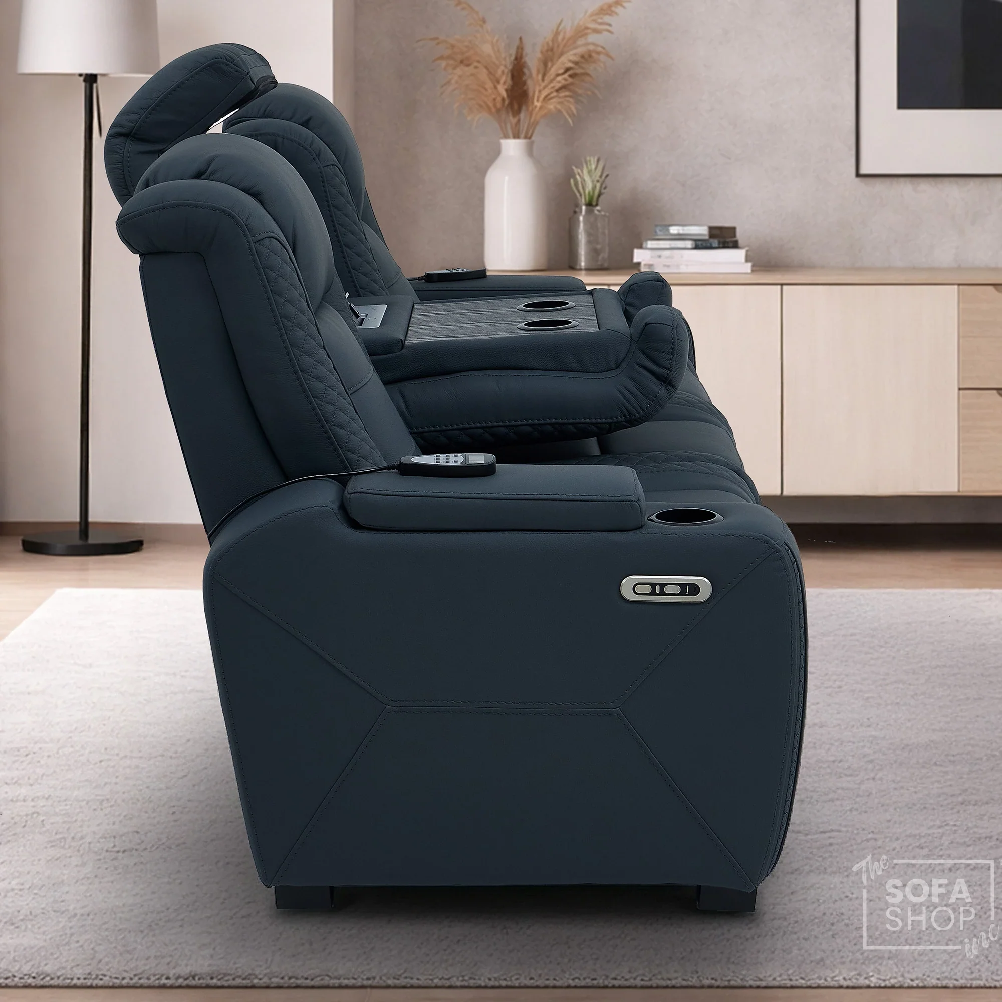 3 Seater Electric Recliner Cinema Sofa in Blue Genuine Leather with Massage, Drop-Down Table, Cup Holders, Power Recliner, USB Ports & Storage Box | Napoli - Image 6