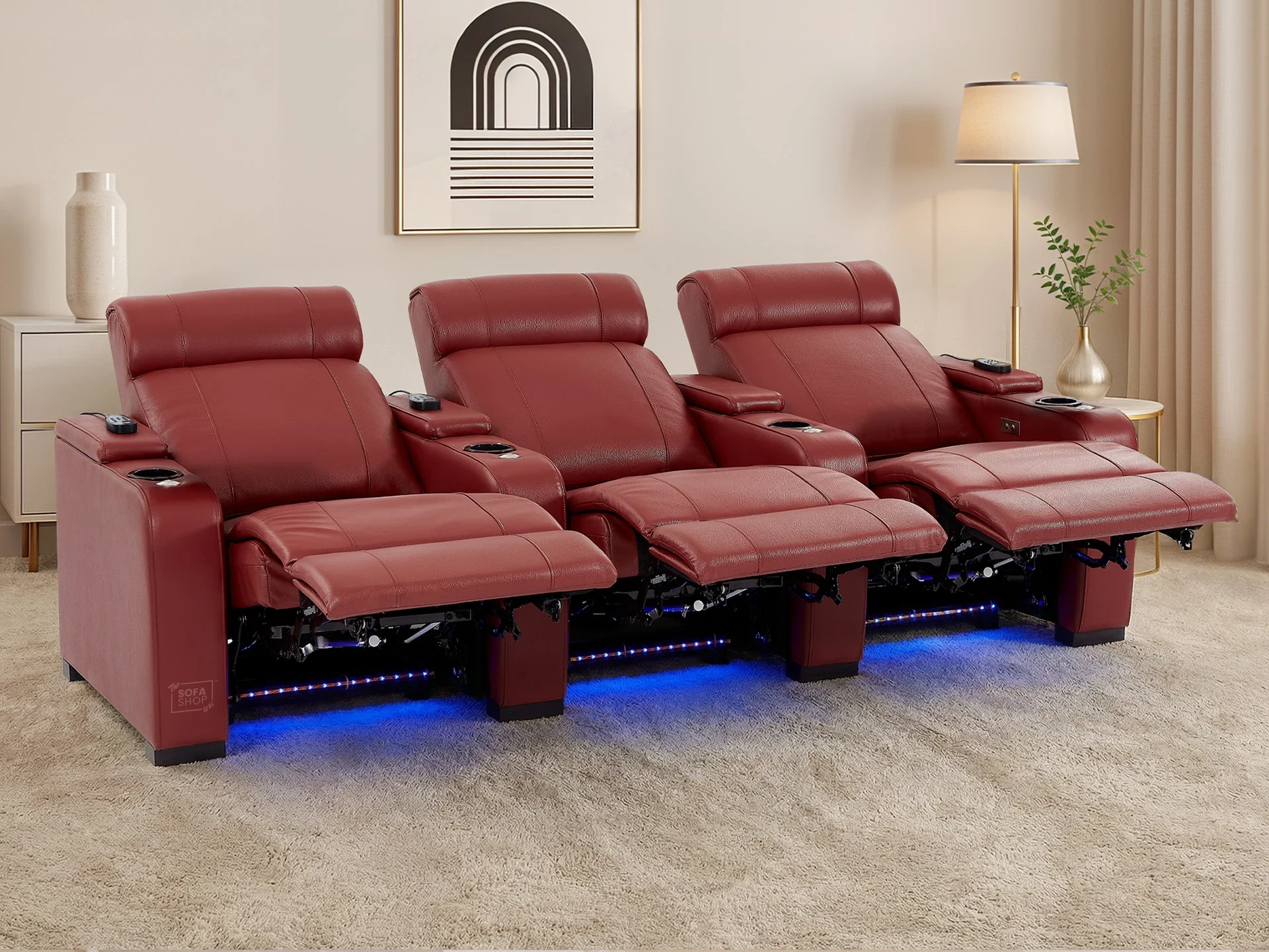 3 Seater Real Leather Electric Recliner Cinema Theatre Sofa in Red | Electric Recliner With Massage, Bluetooth & Cooling Cup Holders + Storage + Power | Rimini | The Sofa Shop - Image 4