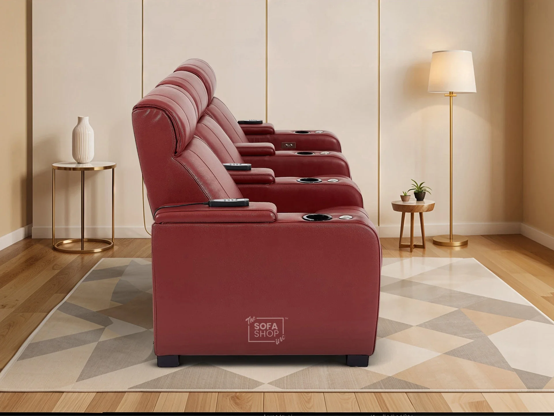 3 Seater Real Leather Electric Recliner Cinema Theatre Sofa in Red | Electric Recliner With Massage, Bluetooth & Cooling Cup Holders + Storage + Power | Rimini | The Sofa Shop - Image 6