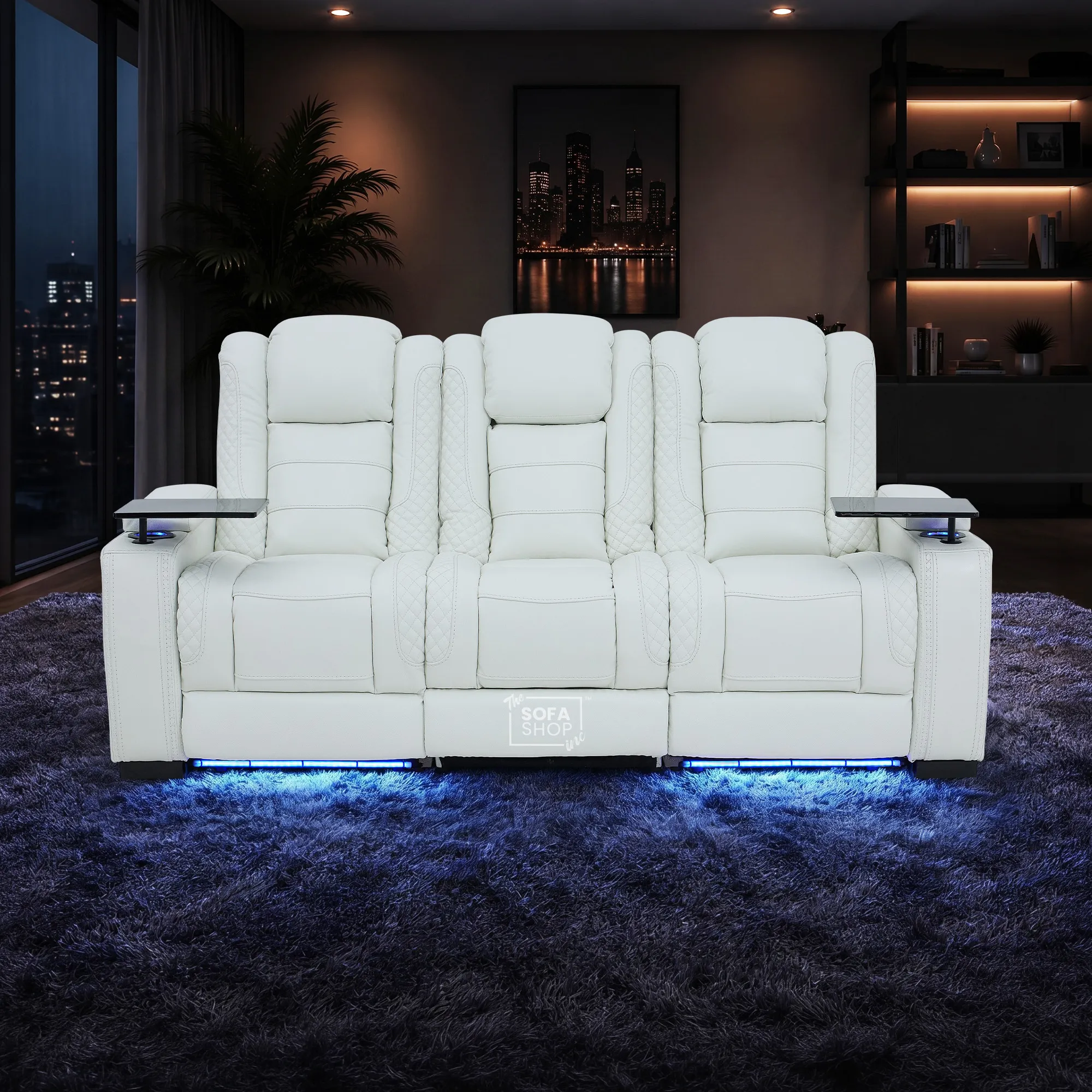 3 Seater Cinema Sofa in White Genuine Leather | Hi-Tech Cinema Sofa with Power Recline + Power Headrests + Cooling & Heating Cupholder | Napoli | The Sofa Shop - Image 4