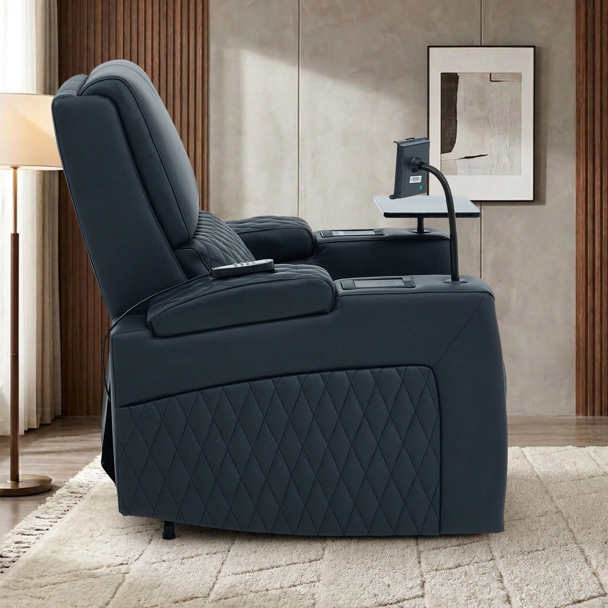 1 Seater Electric Recliner Riser Chair | Power Recline, Heated Lumbar + Massage & Cooling & Heating Cup Holders | Black Real Leather Riser Armchair with Tray Tables | Assisi | The Sofa Shop - Image 10