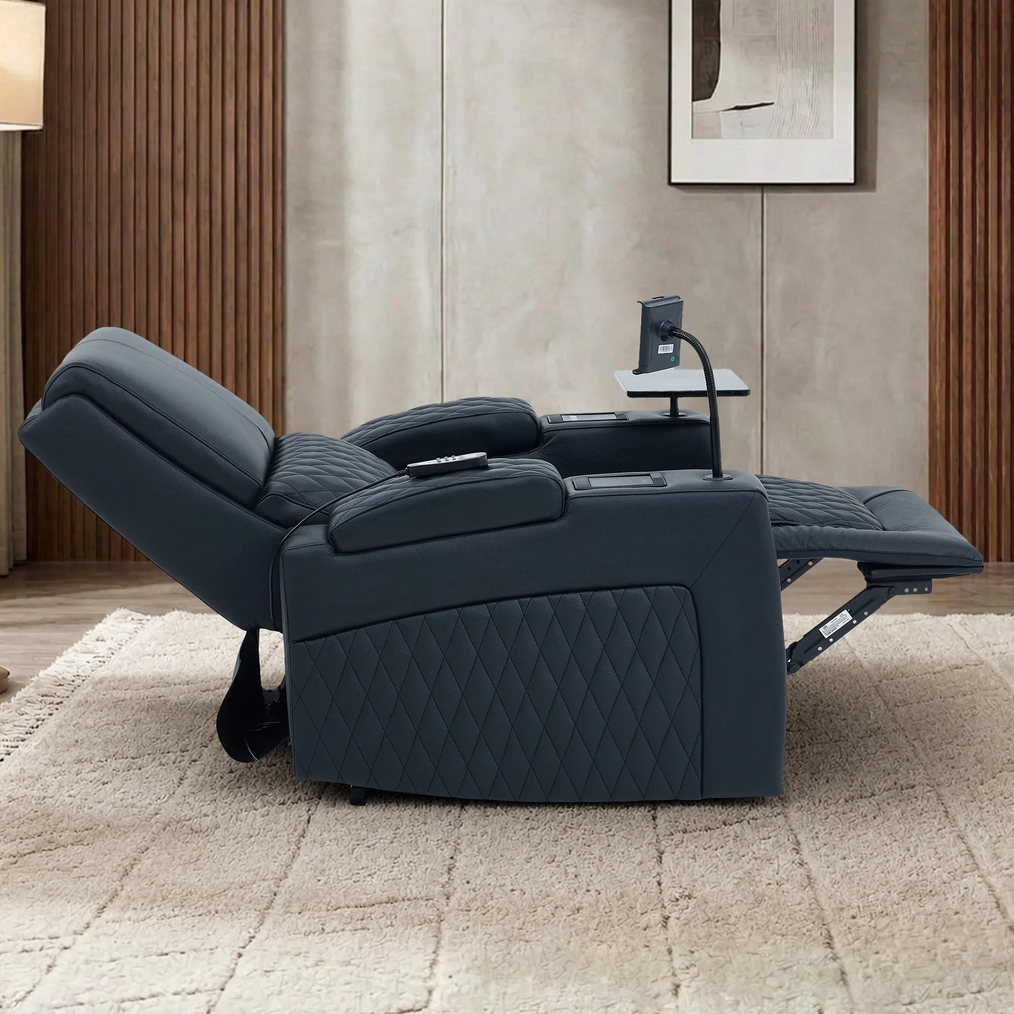 1 Seater Electric Recliner Riser Chair | Power Recline, Heated Lumbar + Massage & Cooling & Heating Cup Holders | Black Real Leather Riser Armchair with Tray Tables | Assisi | The Sofa Shop - Image 11