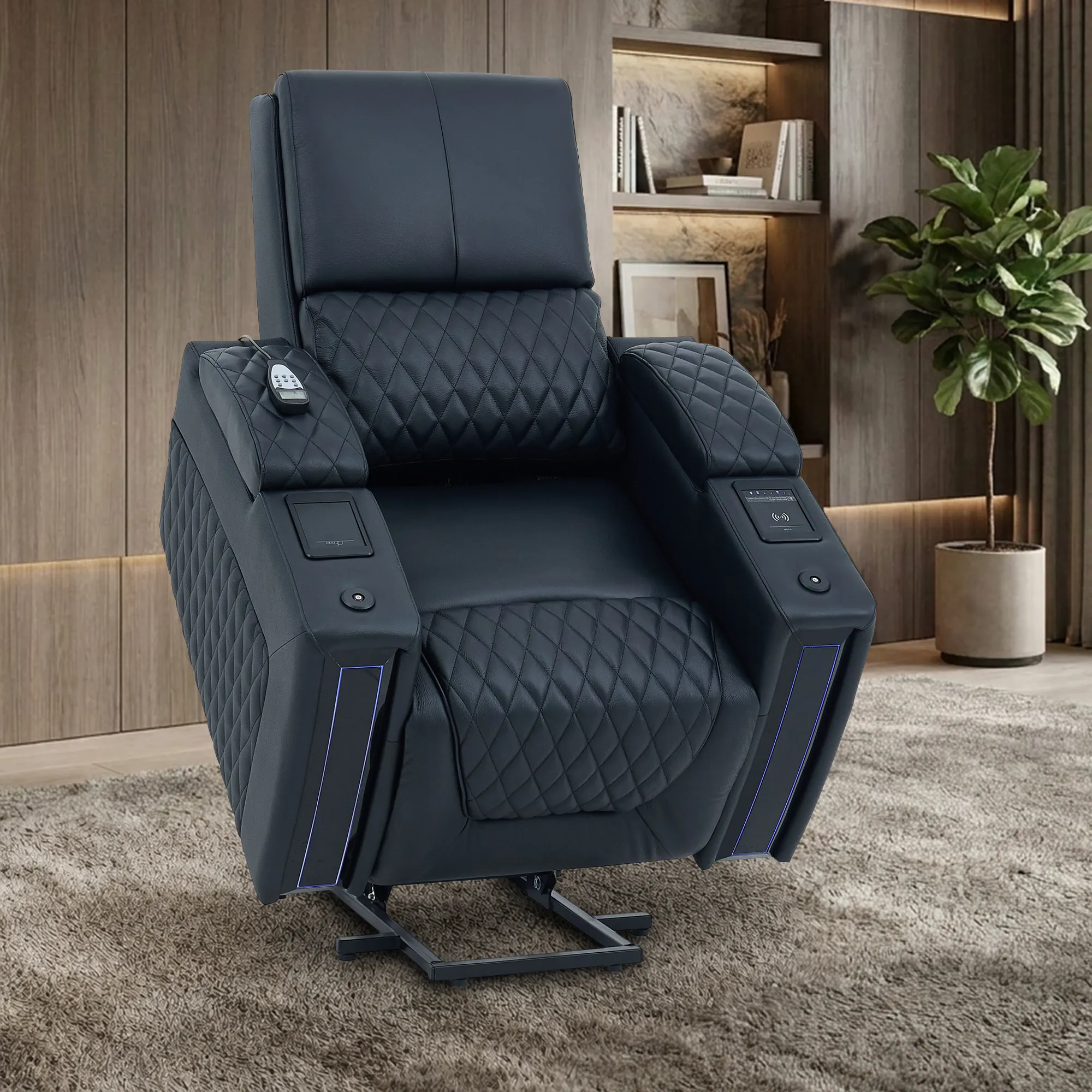 1 Seater Electric Recliner Riser Chair | Power Recline, Heated Lumbar + Massage & Cooling & Heating Cup Holders | Black Real Leather Riser Armchair with Tray Tables | Assisi | The Sofa Shop - Image 3