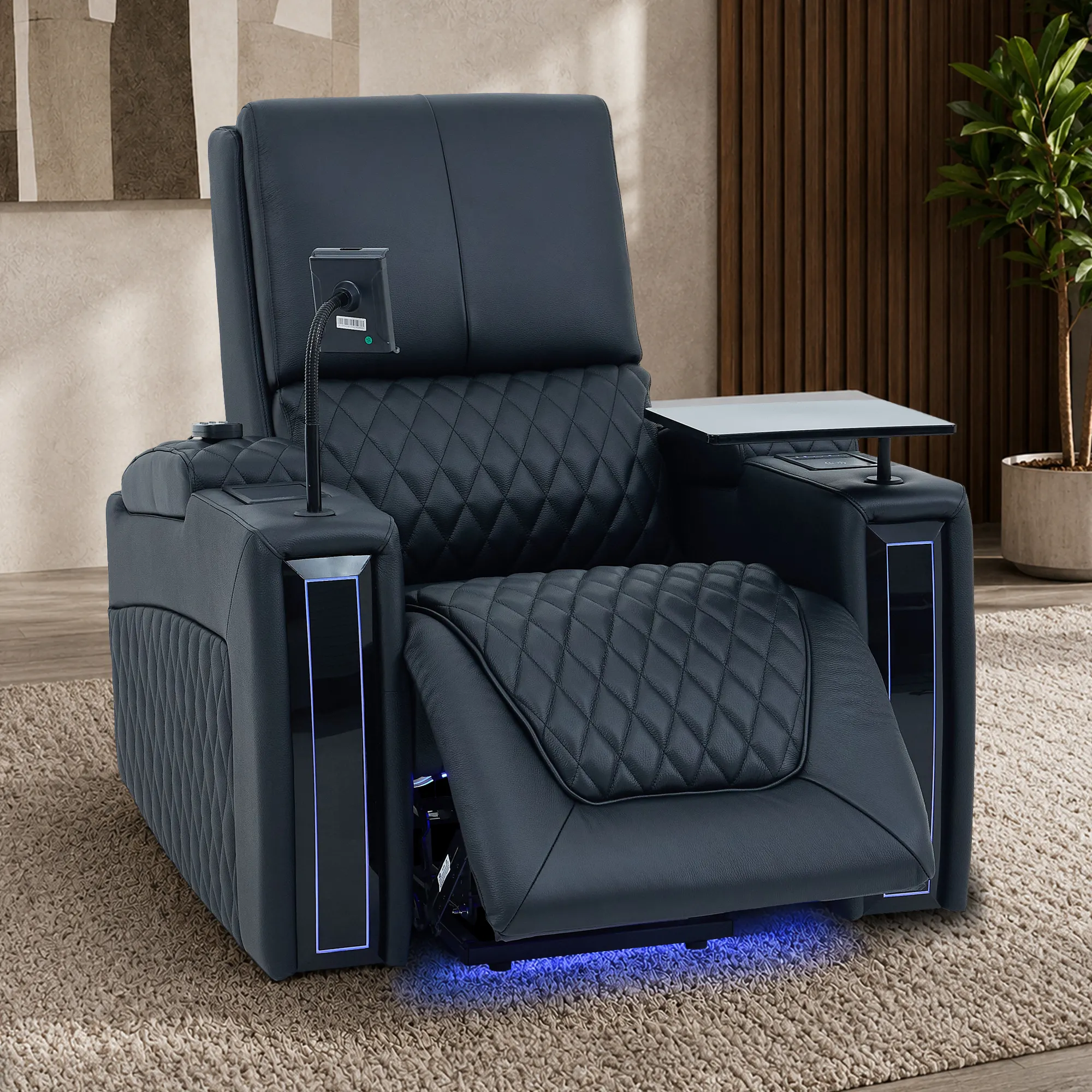 1 Seater Electric Recliner Riser Chair | Power Recline, Heated Lumbar + Massage & Cooling & Heating Cup Holders | Black Real Leather Riser Armchair with Tray Tables | Assisi | The Sofa Shop - Image 4