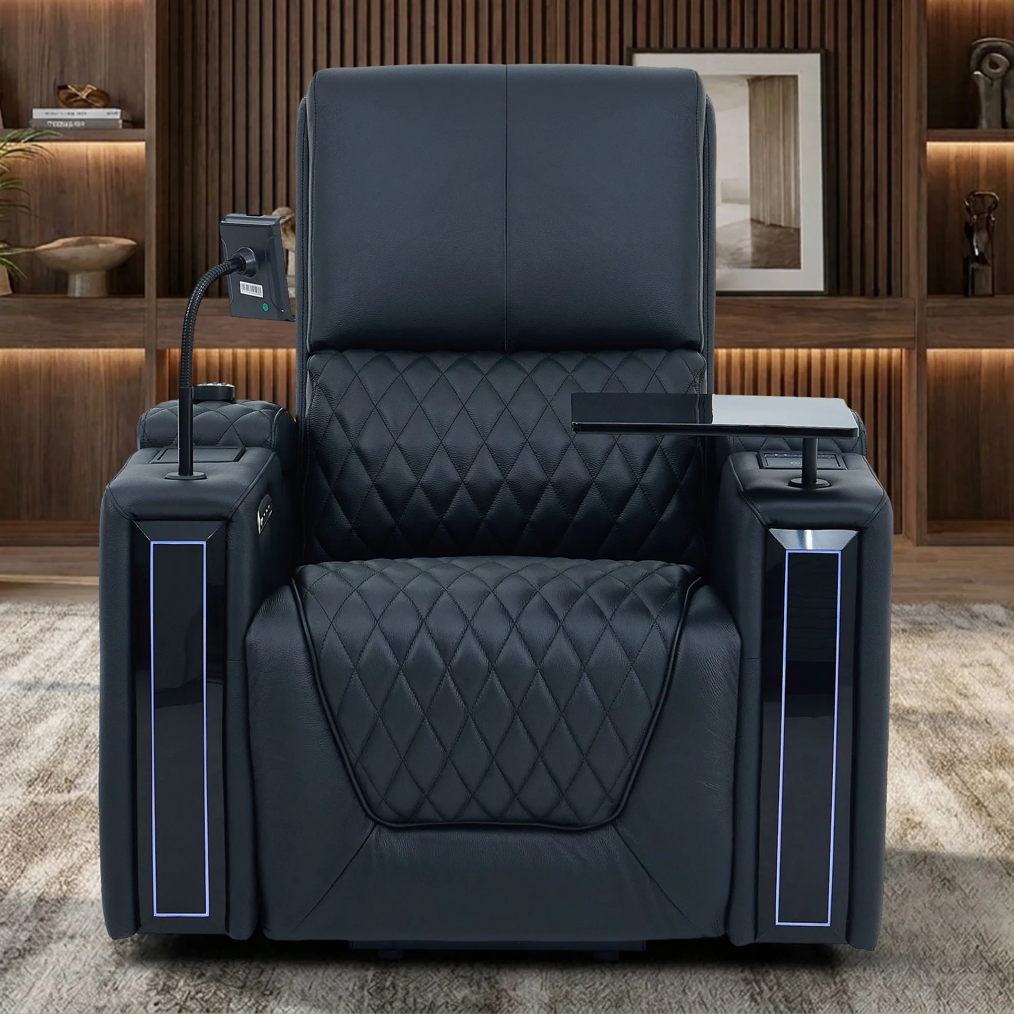 1 Seater Electric Recliner Riser Chair | Power Recline, Heated Lumbar + Massage & Cooling & Heating Cup Holders | Black Real Leather Riser Armchair with Tray Tables | Assisi | The Sofa Shop - Image 5