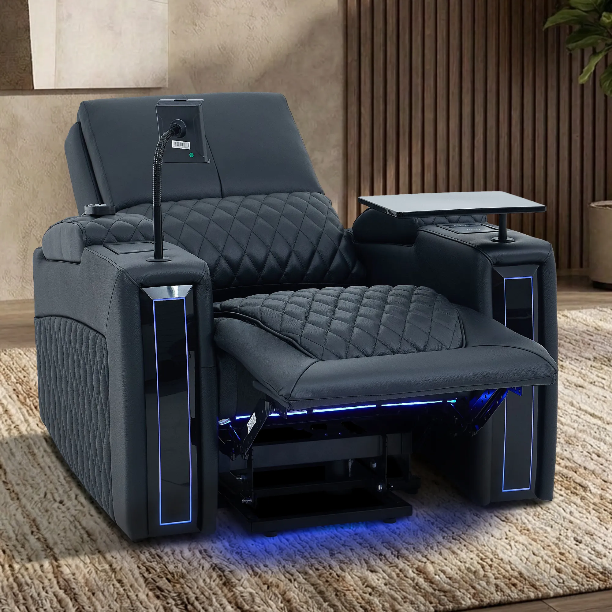 1 Seater Electric Recliner Riser Chair | Power Recline, Heated Lumbar + Massage & Cooling & Heating Cup Holders | Black Real Leather Riser Armchair with Tray Tables | Assisi | The Sofa Shop - Image 6