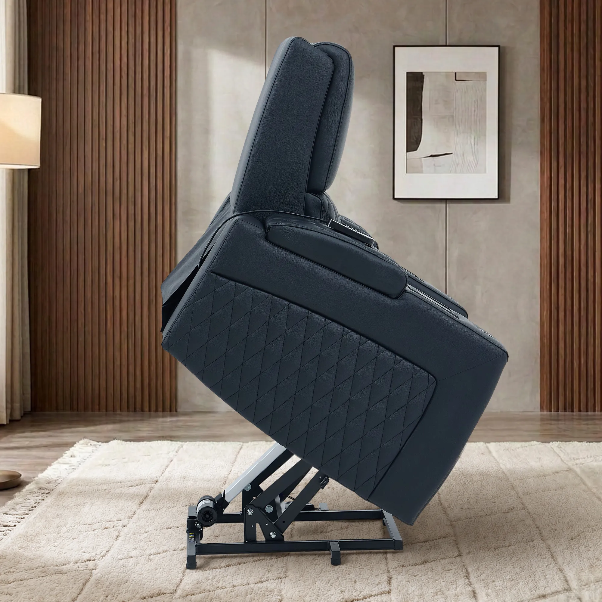 1 Seater Electric Recliner Riser Chair | Power Recline, Heated Lumbar + Massage & Cooling & Heating Cup Holders | Black Real Leather Riser Armchair with Tray Tables | Assisi | The Sofa Shop - Image 9
