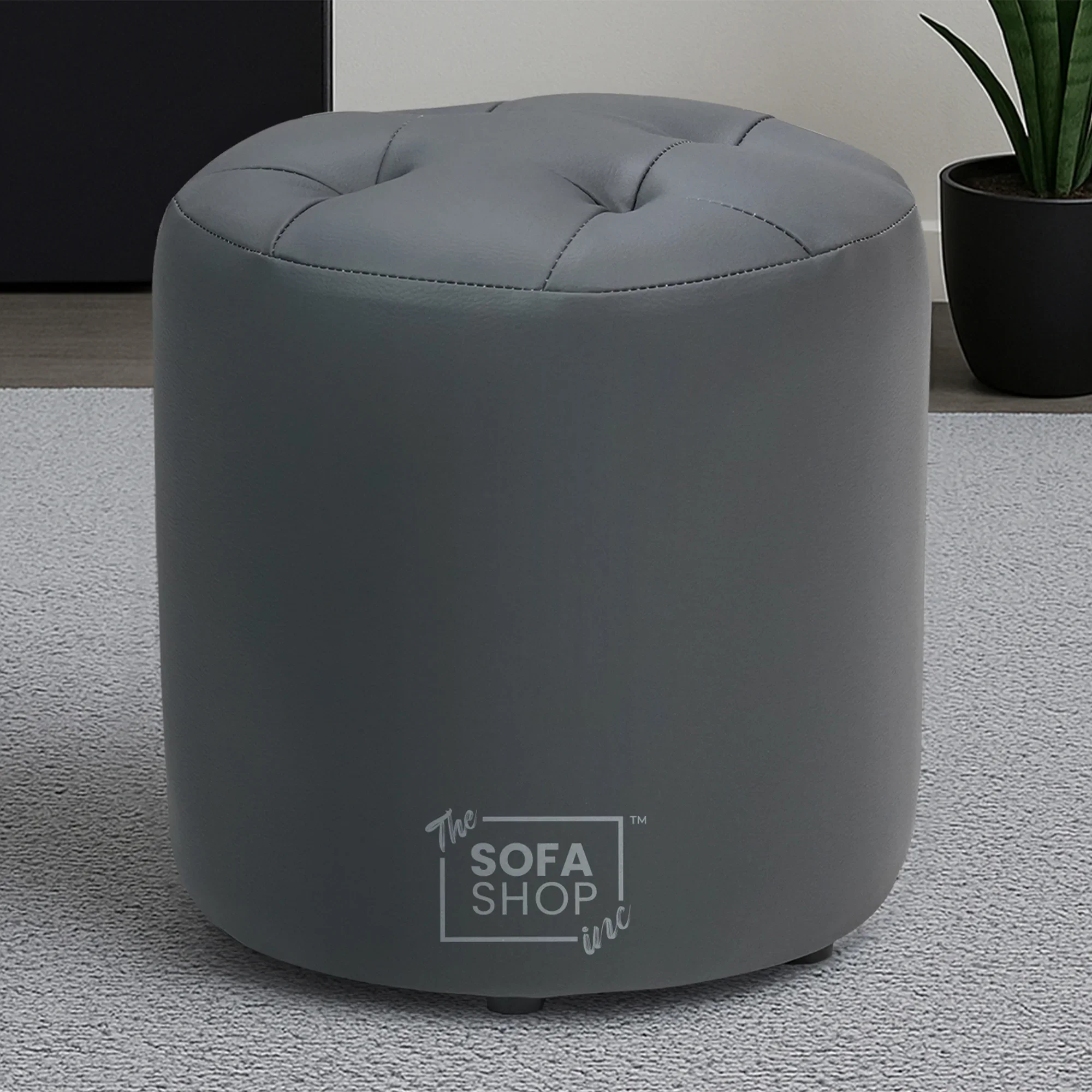 Big Round Footstool in Grey Leather - Tropea