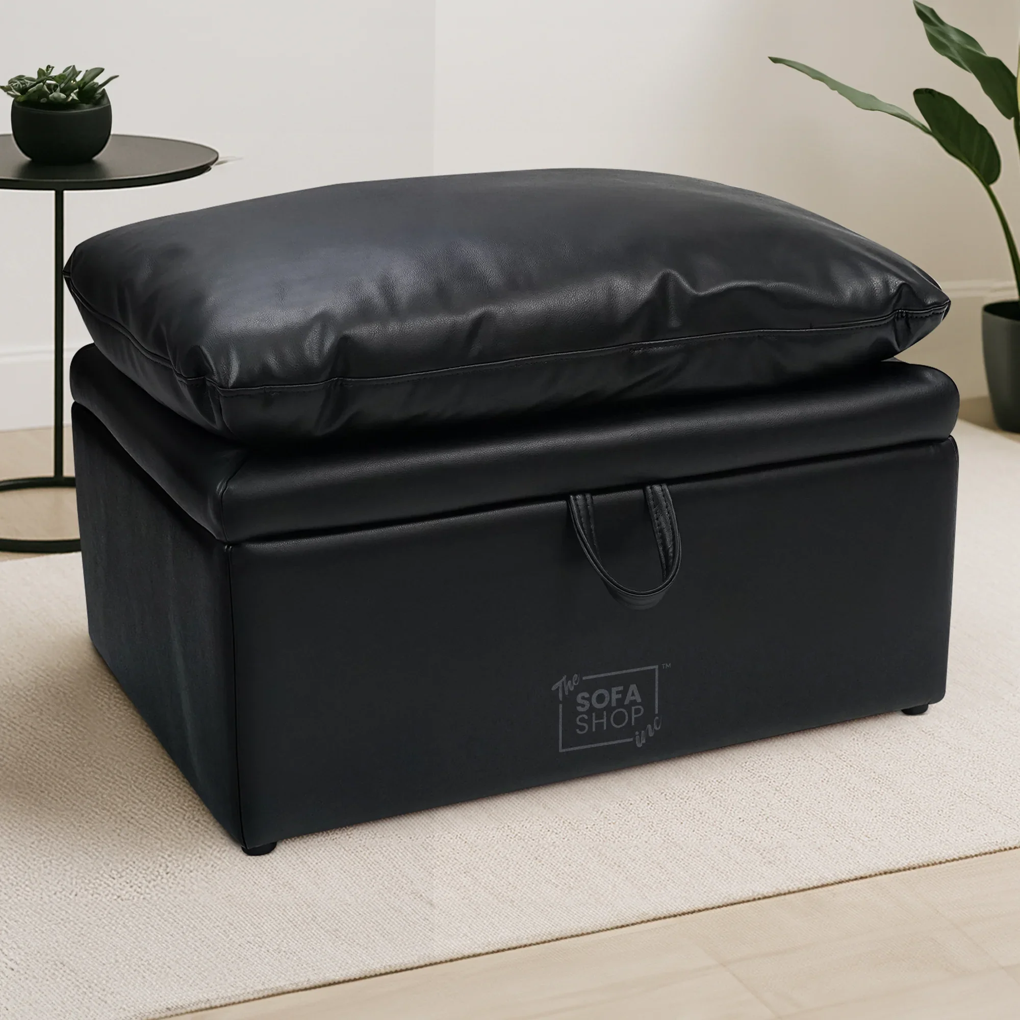 Black Leather Cushion Top Footstool - Bari