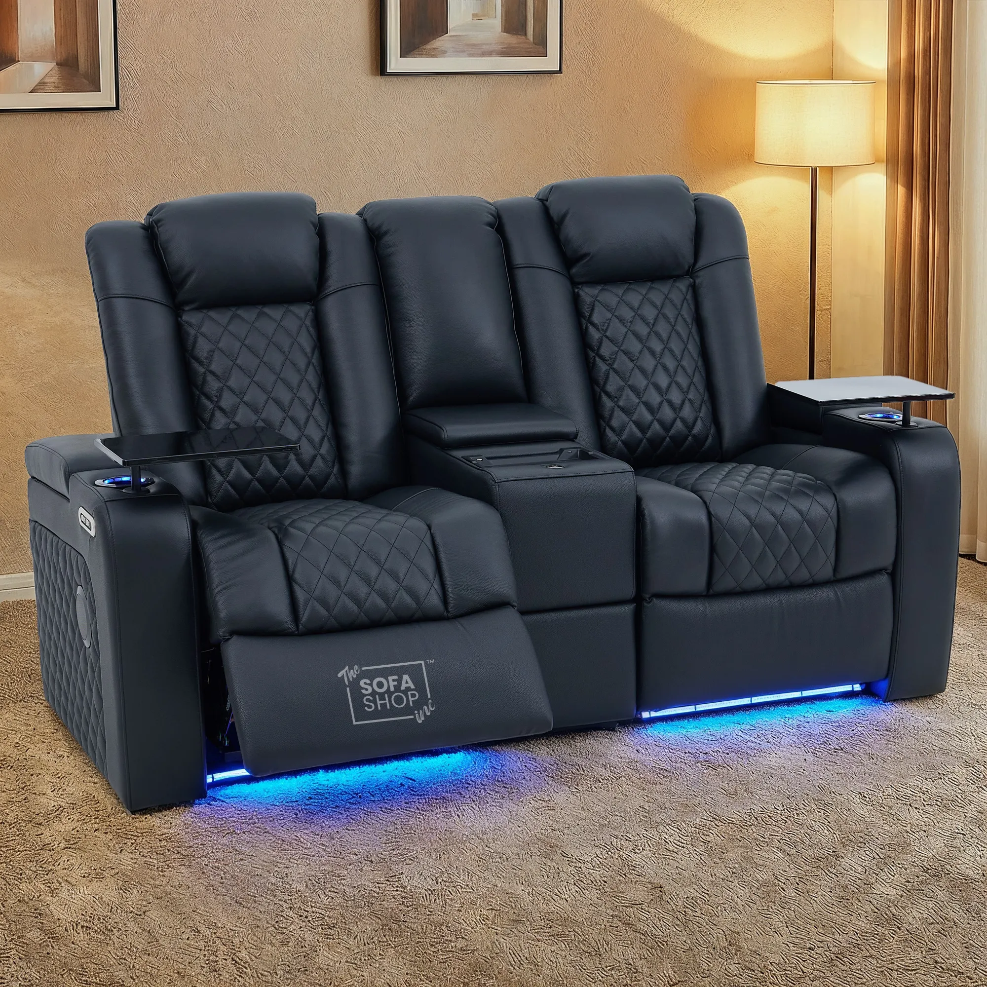 Black Real Leather 2 Seater Electric Recliner Cinema Sofa | Power Headrest, Speakers, Console, Wireless Charging & Cooling Cup Holders | Milano | The Sofa Shop