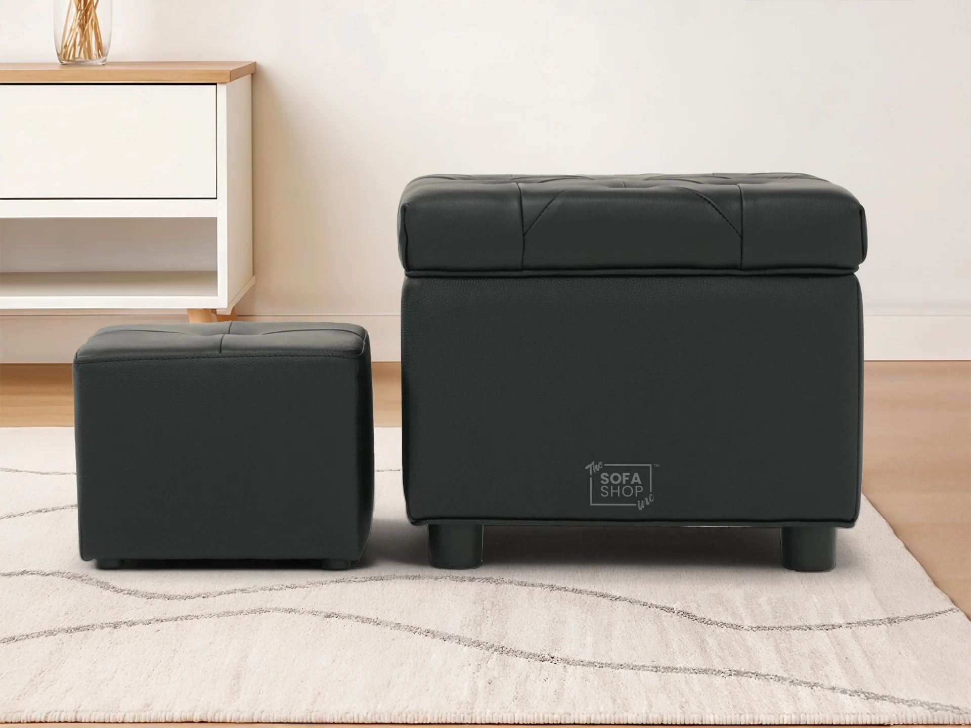 Black Real Leather Footstool | Storage Ottoman for Sofa - Square - Image 2