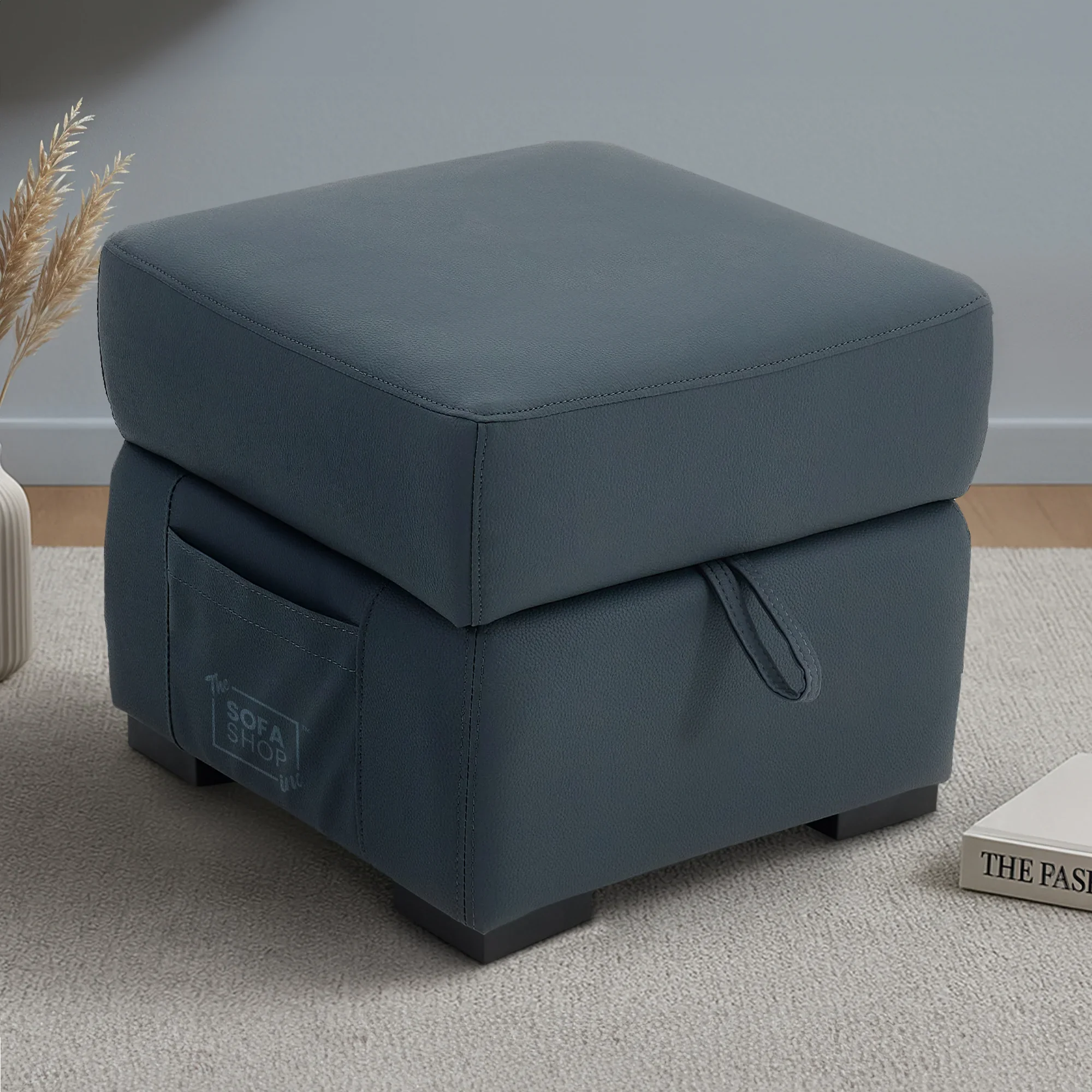 Blue Real Leather Footstool | Storage Ottoman for Sofa - Square