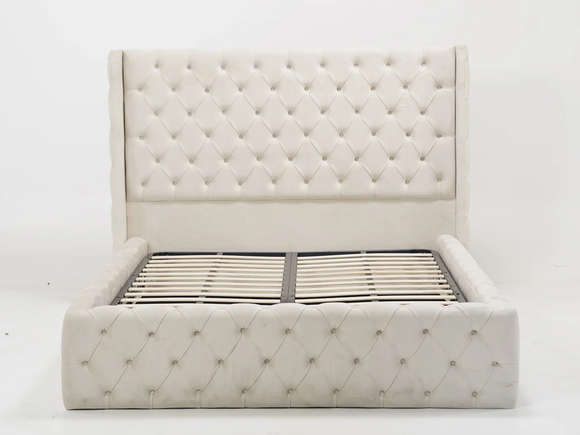 Cream Wingback Chesterfield Storage Ottoman Bed Frame (No Mattress) with Gas-Lift Mechanism | Ex Display Bed Frame in Like-New Condition - Image 2