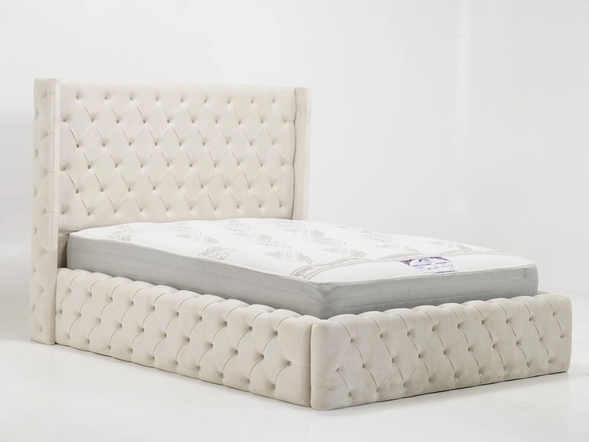 Cream Wingback Chesterfield Storage Ottoman Bed Frame (No Mattress) with Gas-Lift Mechanism | Ex Display Bed Frame in Like-New Condition - Image 6
