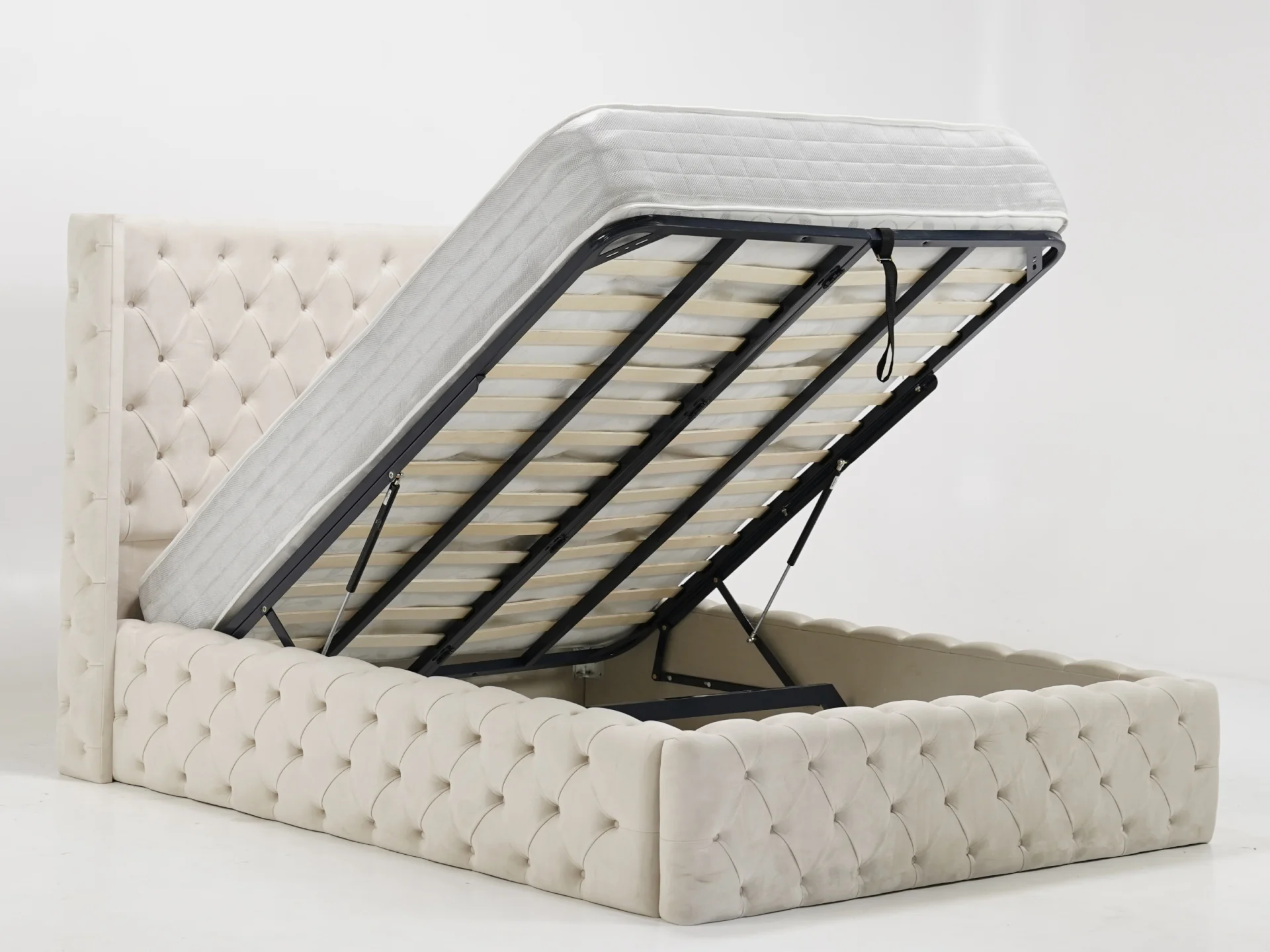Cream Wingback Chesterfield Storage Ottoman Bed Frame (No Mattress) with Gas-Lift Mechanism | Ex Display Bed Frame in Like-New Condition - Image 7