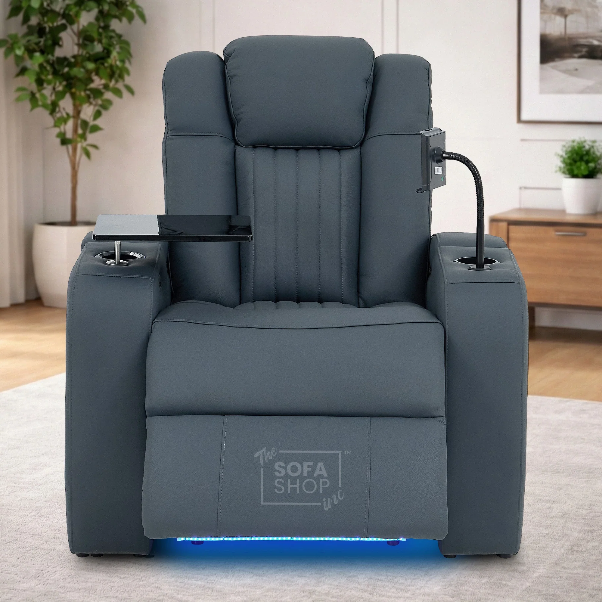 Real Leather Recliner Cinema Chair In Blue | Massage, Heating, Power Headrest, Food Tray & Power Grommet | Capri | The Sofa Shop - Image 2