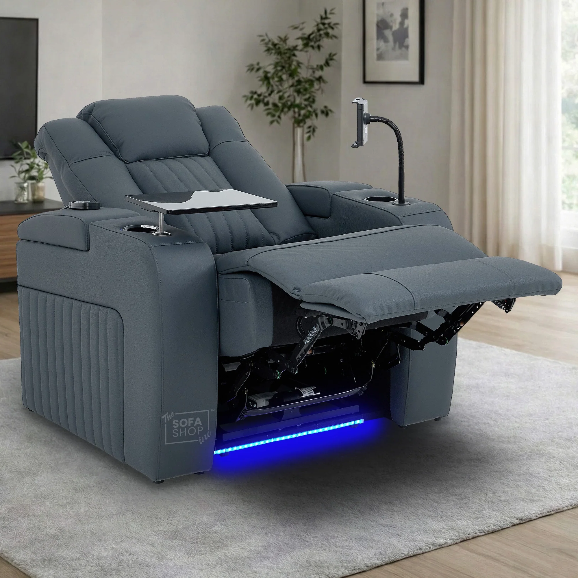 Real Leather Recliner Cinema Chair In Blue | Massage, Heating, Power Headrest, Food Tray & Power Grommet | Capri | The Sofa Shop - Image 3