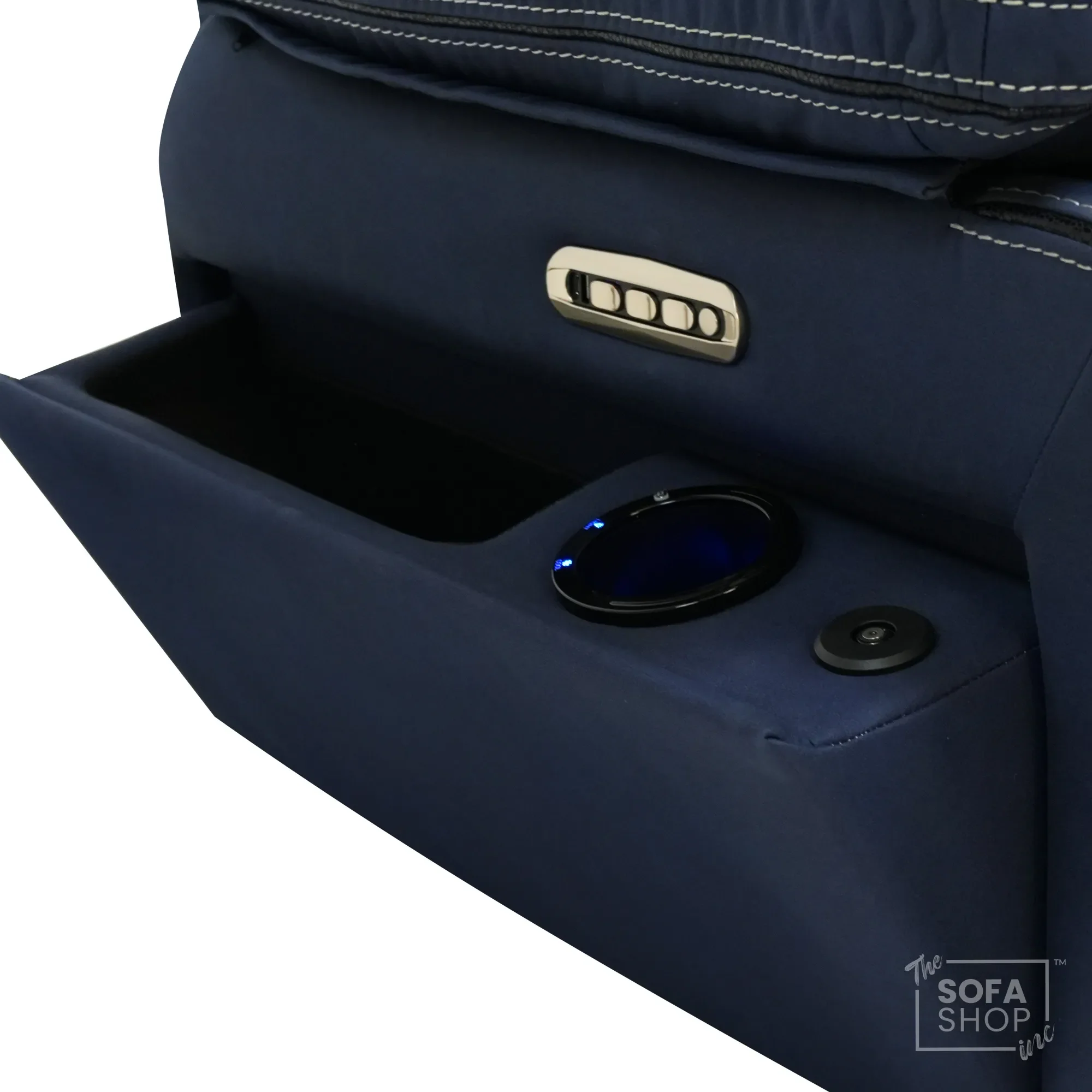 Electric Riser Chair In Blue Fabric | Hi-Tech Recliner Armchair With Vibration Massage + Heated Lumbar + Cooling Cup Holder + Power Headrest | Tuscany | The Sofa Shop - Image 15