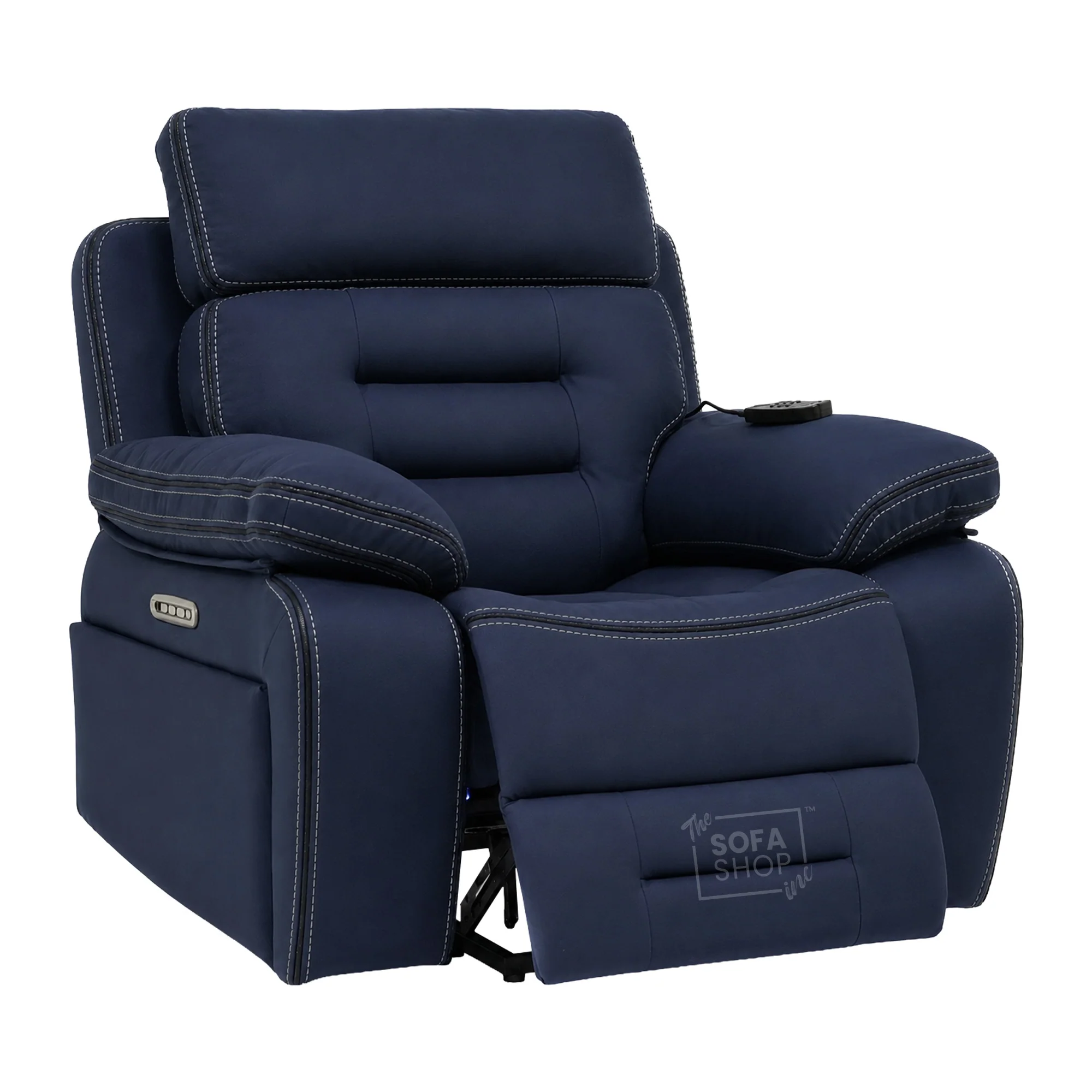 Electric Riser Chair In Blue Fabric | Hi-Tech Recliner Armchair With Vibration Massage + Heated Lumbar + Cooling Cup Holder + Power Headrest | Tuscany | The Sofa Shop - Image 17