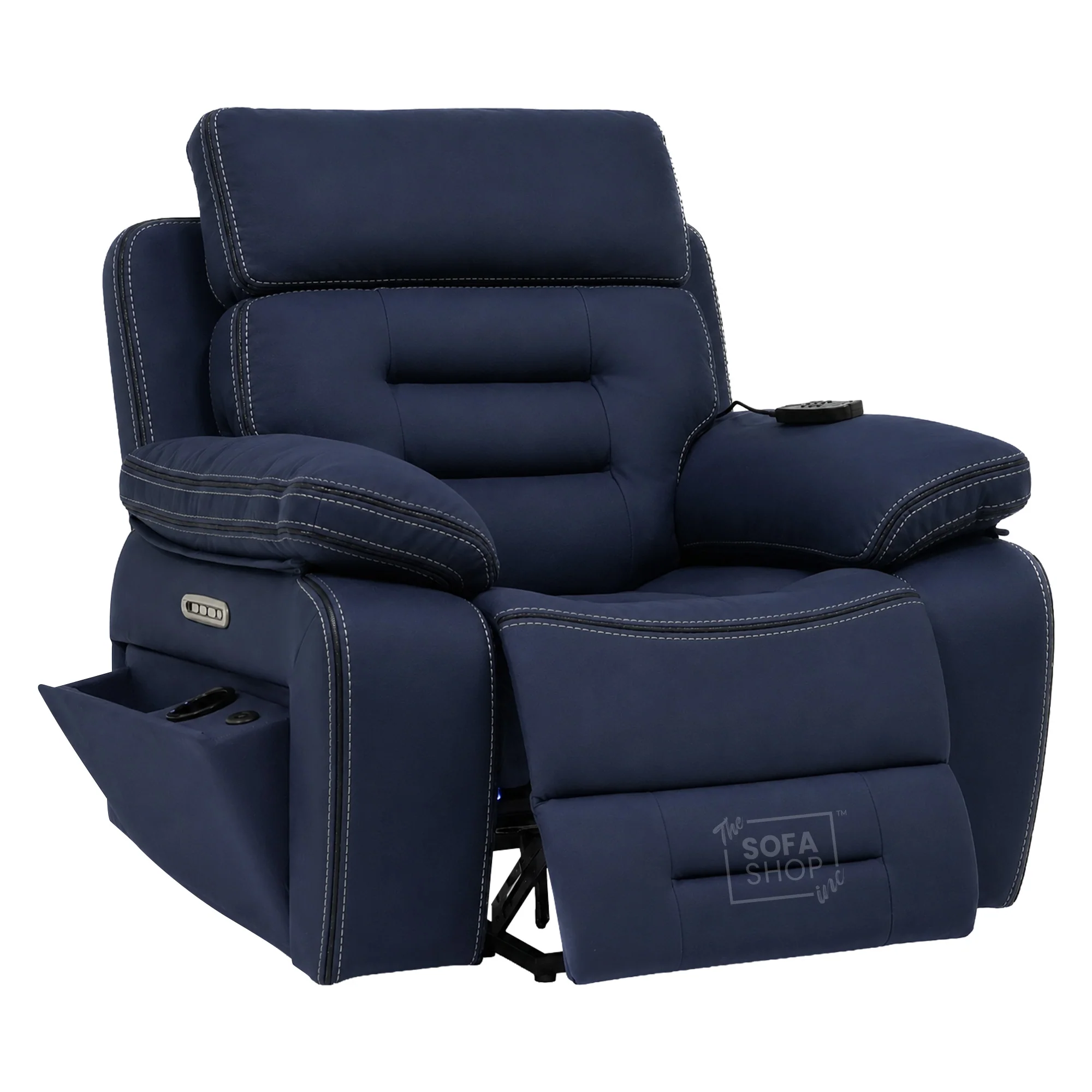 Electric Riser Chair In Blue Fabric | Hi-Tech Recliner Armchair With Vibration Massage + Heated Lumbar + Cooling Cup Holder + Power Headrest | Tuscany | The Sofa Shop - Image 18
