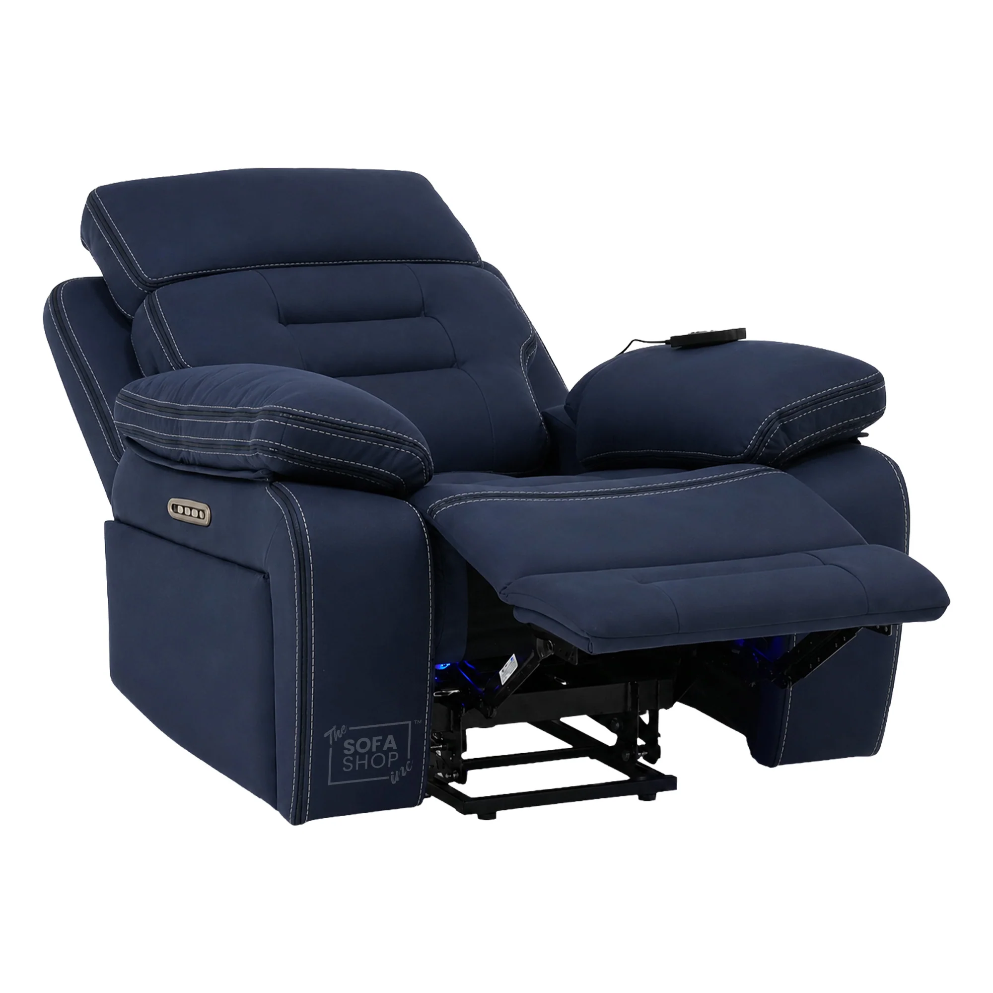 Electric Riser Chair In Blue Fabric | Hi-Tech Recliner Armchair With Vibration Massage + Heated Lumbar + Cooling Cup Holder + Power Headrest | Tuscany | The Sofa Shop - Image 21