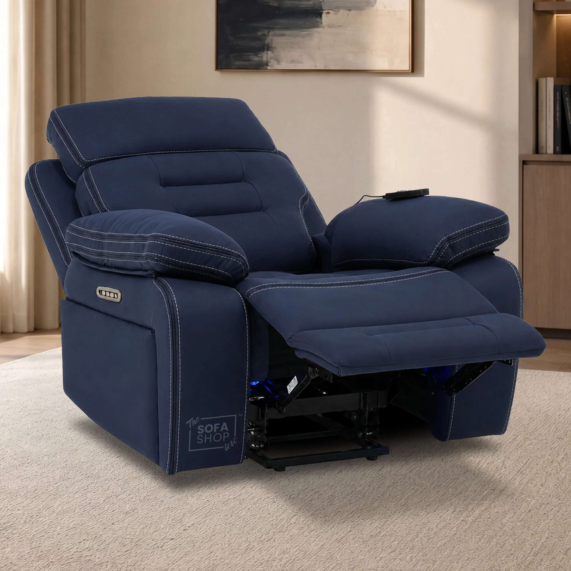 Electric Riser Chair In Blue Fabric | Hi-Tech Recliner Armchair With Vibration Massage + Heated Lumbar + Cooling Cup Holder + Power Headrest | Tuscany | The Sofa Shop - Image 3