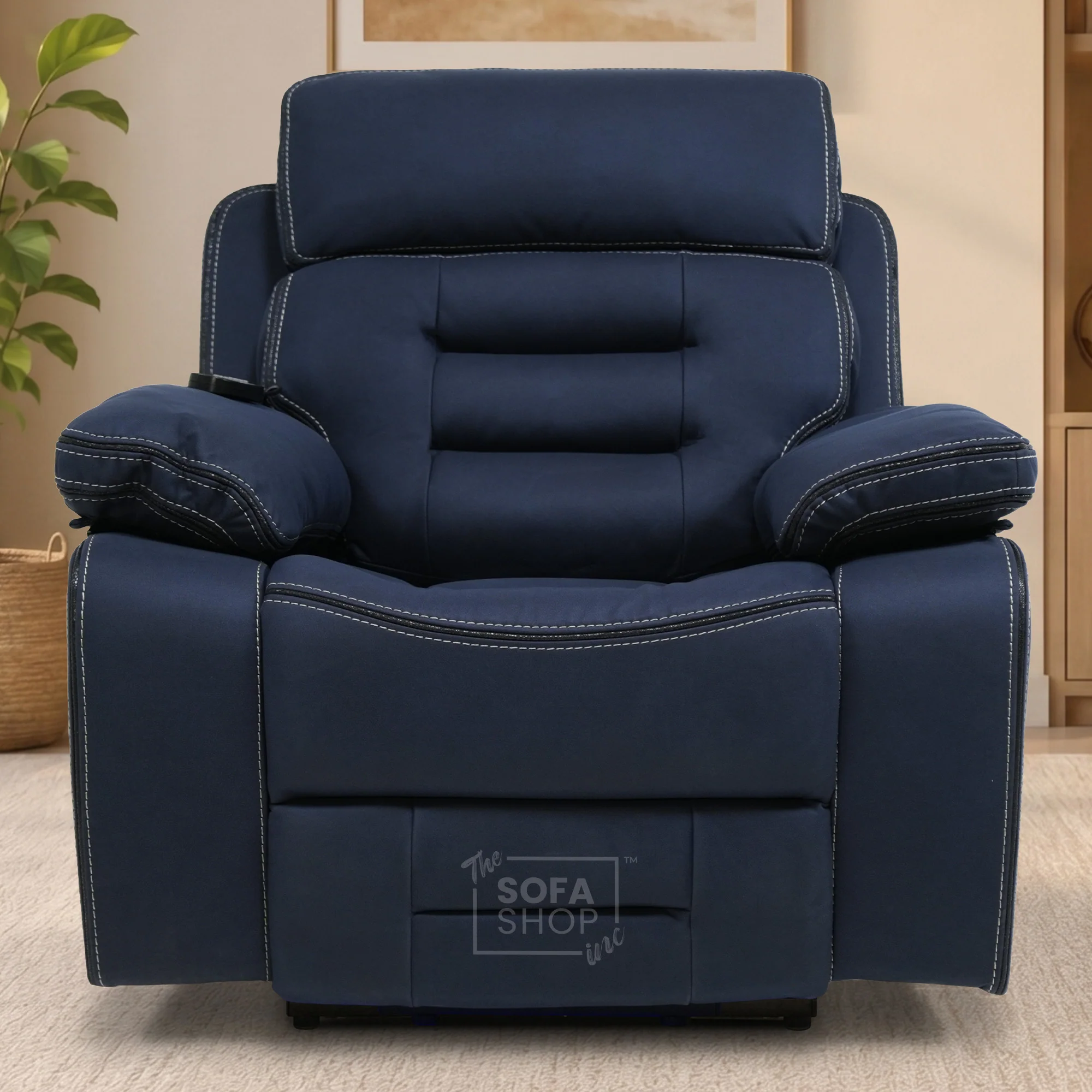 Electric Riser Chair In Blue Fabric | Hi-Tech Recliner Armchair With Vibration Massage + Heated Lumbar + Cooling Cup Holder + Power Headrest | Tuscany | The Sofa Shop - Image 4